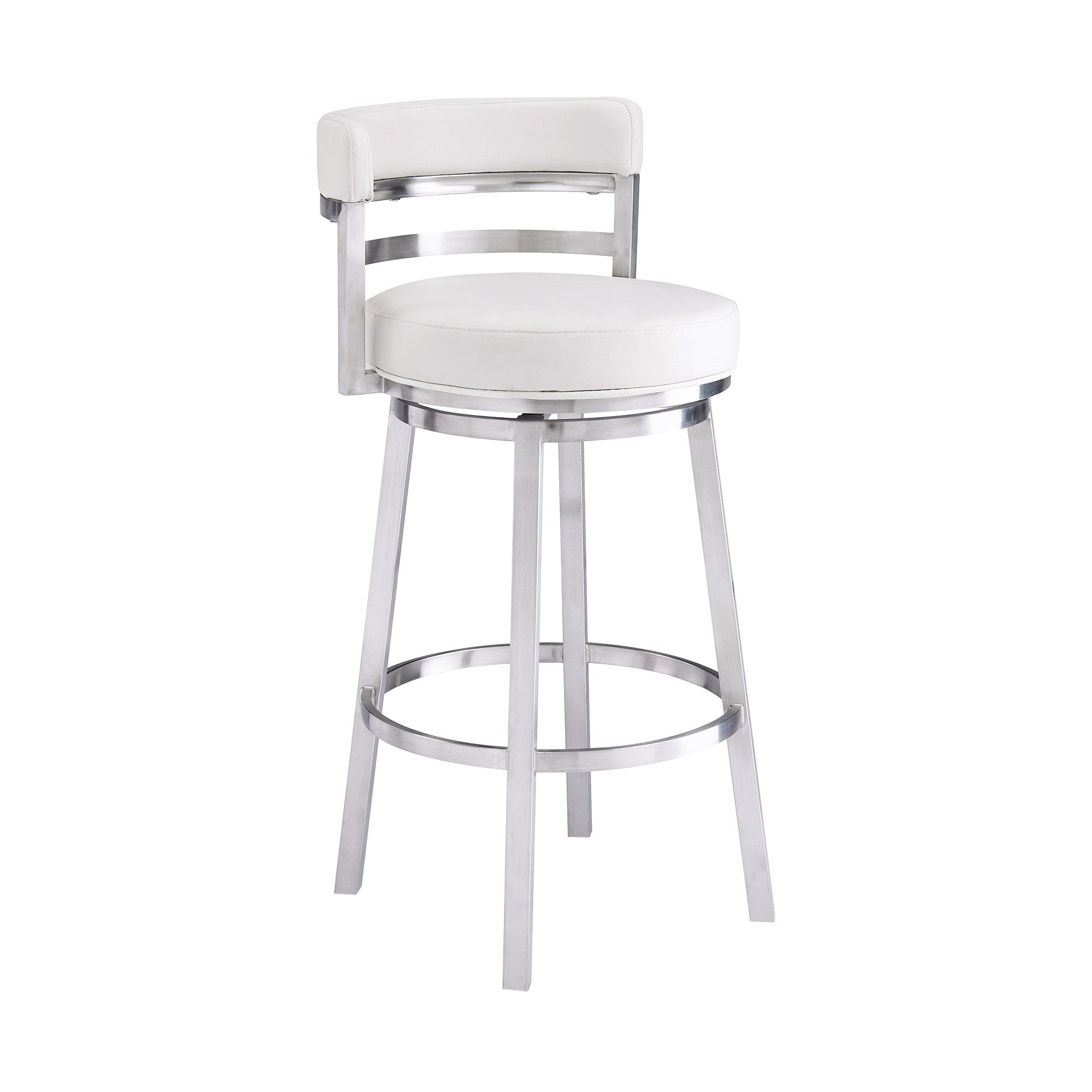 30" White And Silver Faux Leather And Faux Leather And Iron Low Back Bar Height Swivel Bar Chair