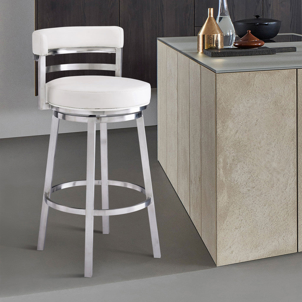30" White And Silver Faux Leather And Faux Leather And Iron Low Back Bar Height Swivel Bar Chair