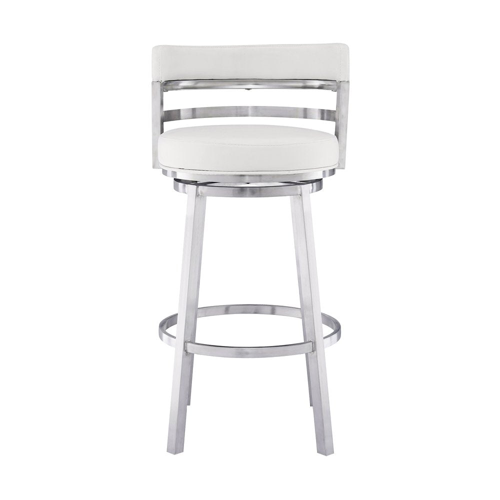 30" White and Silver Faux Leather and Iron Low Back Bar Height Swivel Bar Chair