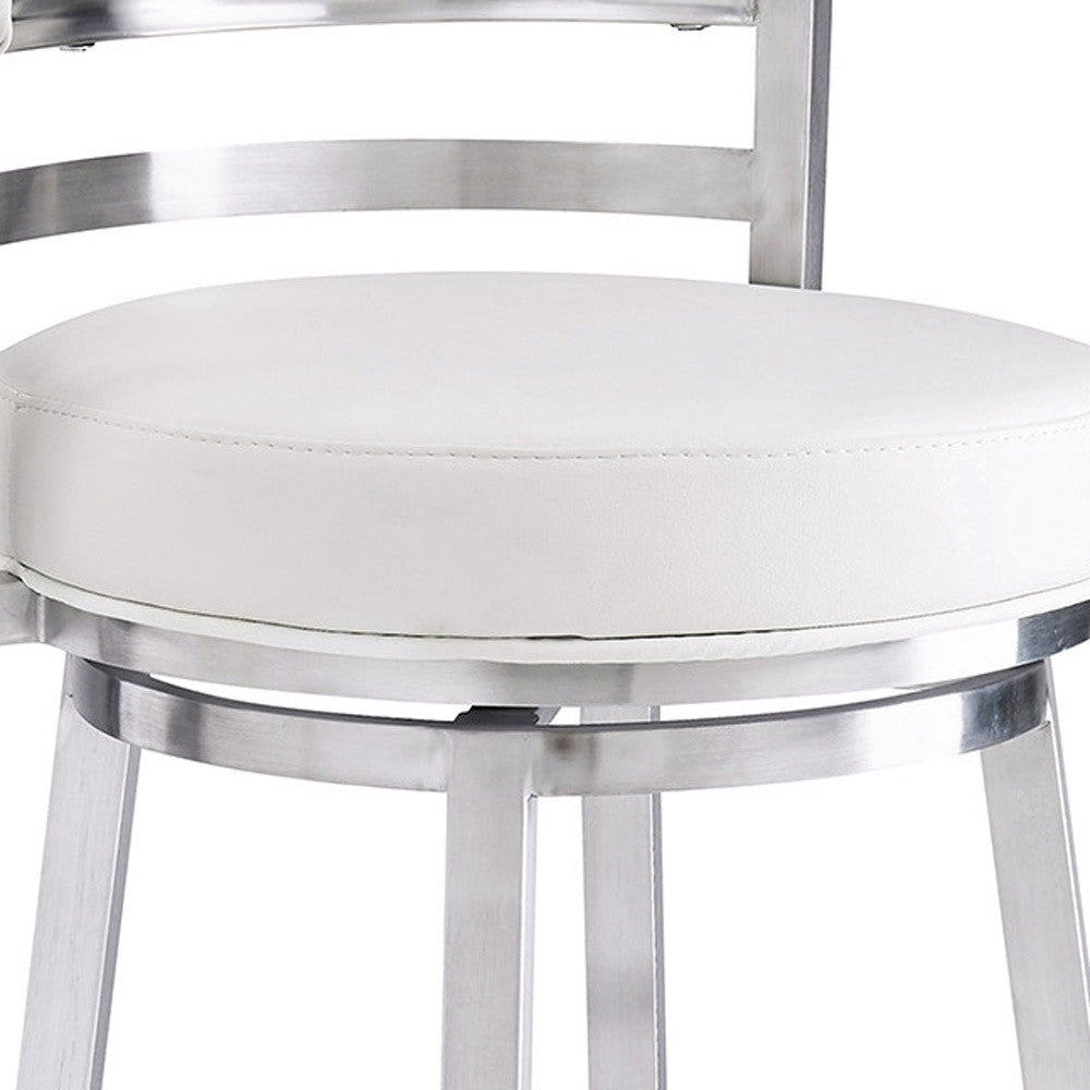 30" White And Silver Faux Leather And Faux Leather And Iron Low Back Bar Height Swivel Bar Chair