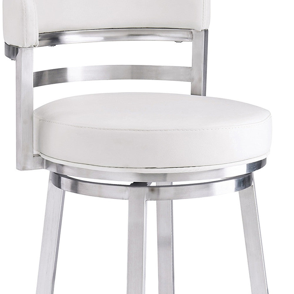 30" White And Silver Faux Leather And Faux Leather And Iron Low Back Bar Height Swivel Bar Chair