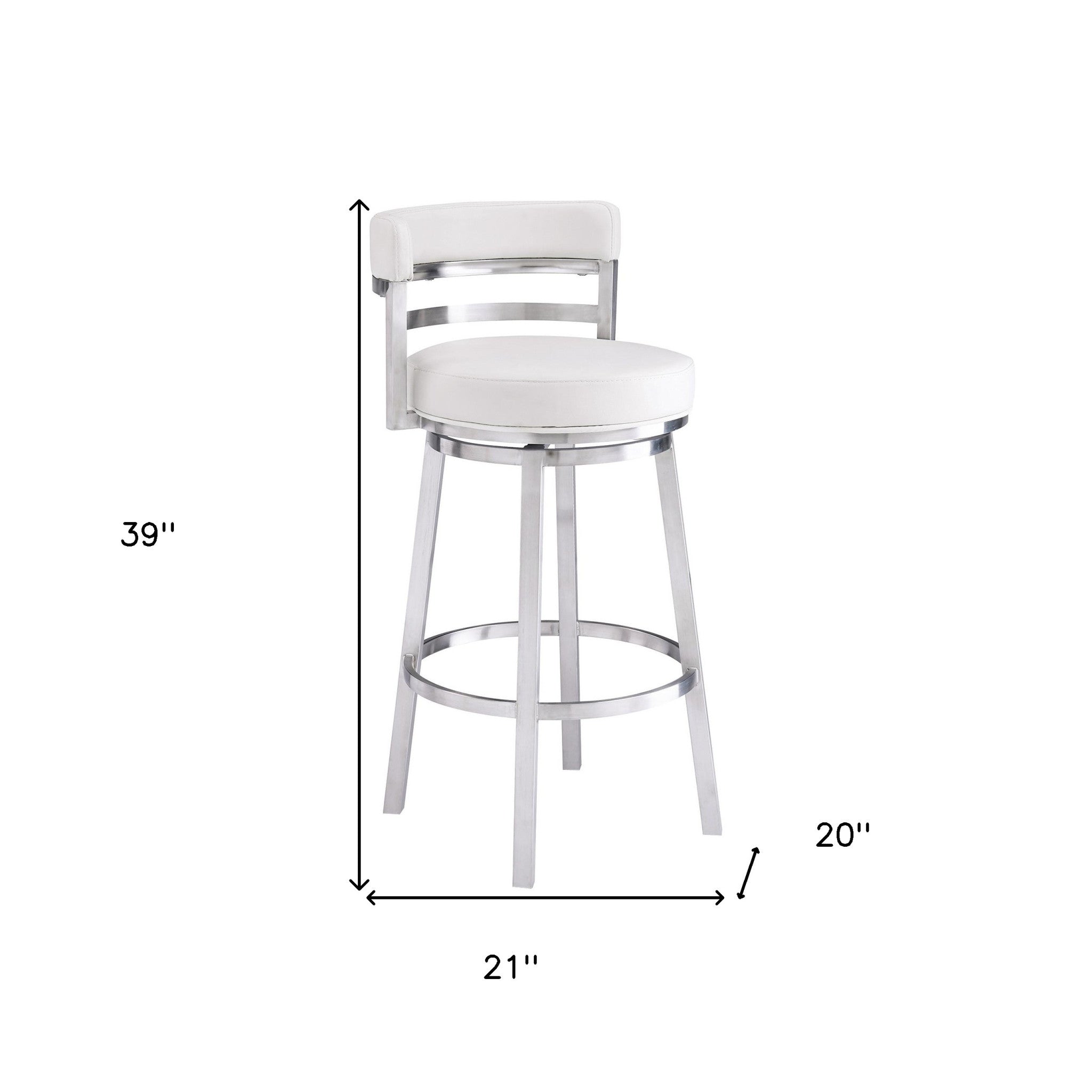 30" White And Silver Faux Leather And Faux Leather And Iron Low Back Bar Height Swivel Bar Chair