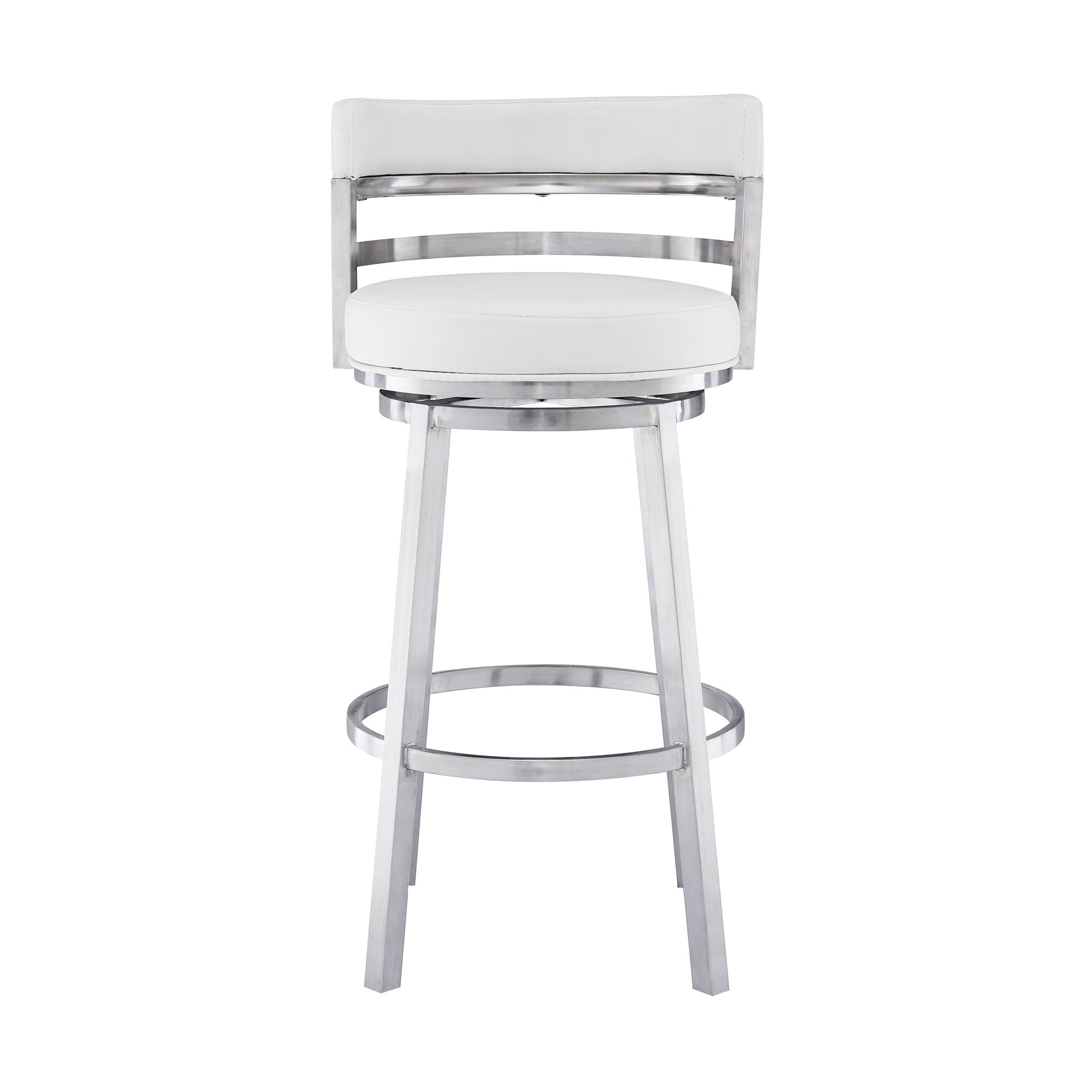 26" White And Silver Faux Leather And Faux Leather And Iron Low Back Counter Height Swivel Bar Chair