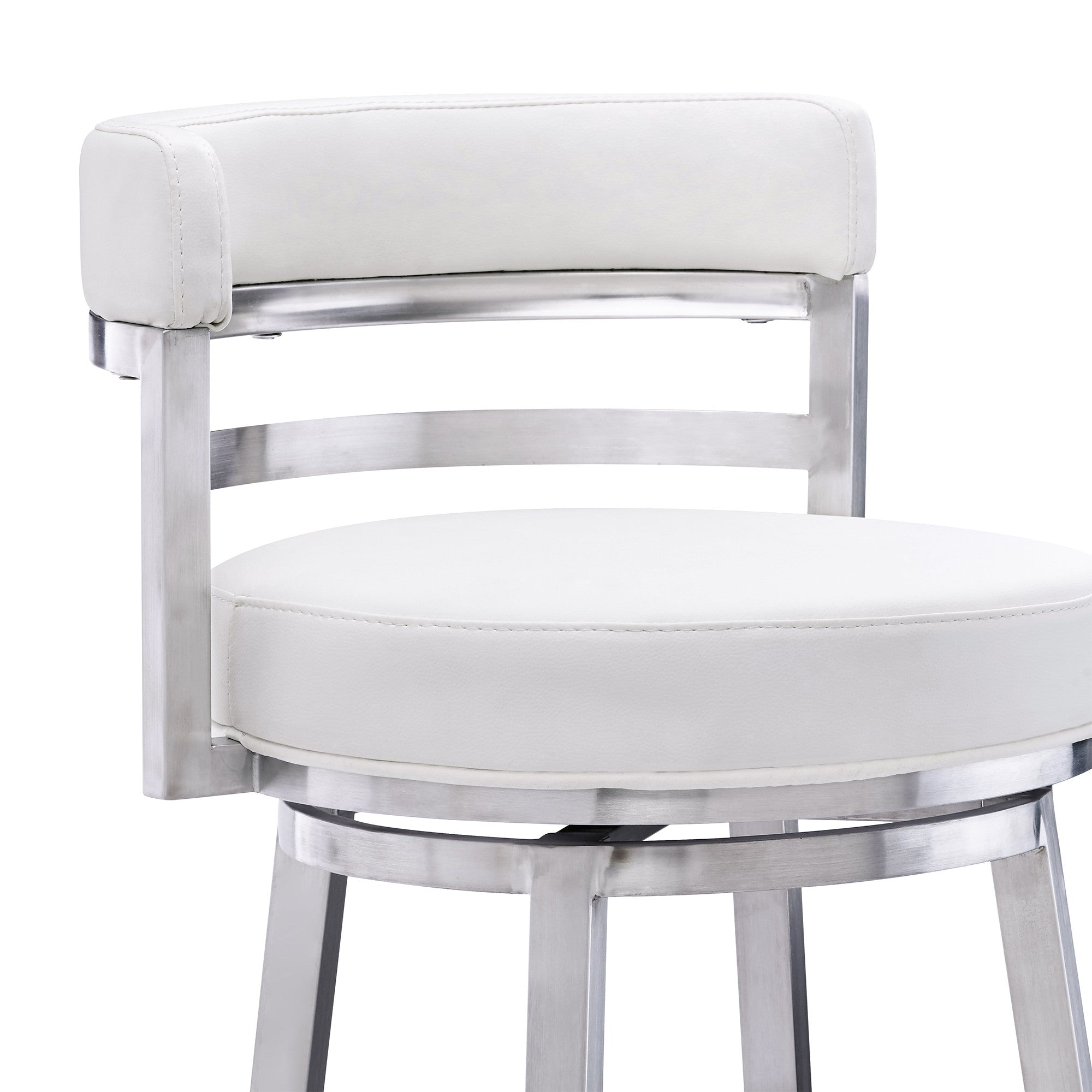 26" White And Silver Faux Leather And Faux Leather And Iron Low Back Counter Height Swivel Bar Chair