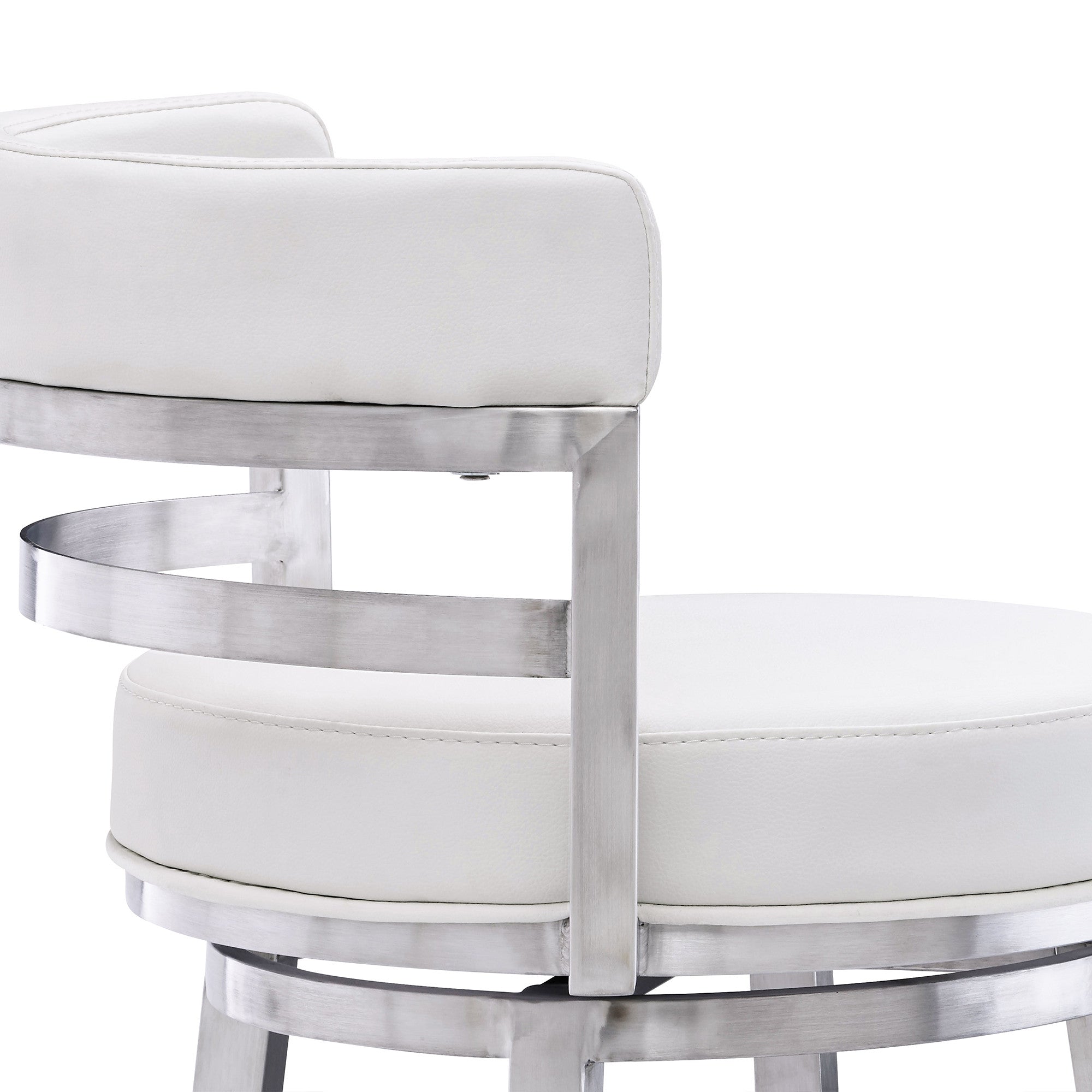 26" White And Silver Faux Leather And Faux Leather And Iron Low Back Counter Height Swivel Bar Chair