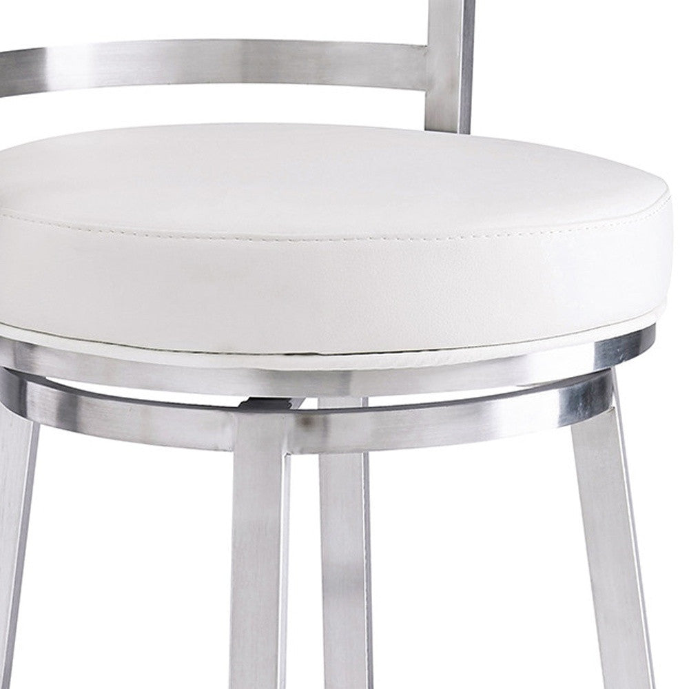26" White And Silver Faux Leather And Faux Leather And Iron Low Back Counter Height Swivel Bar Chair