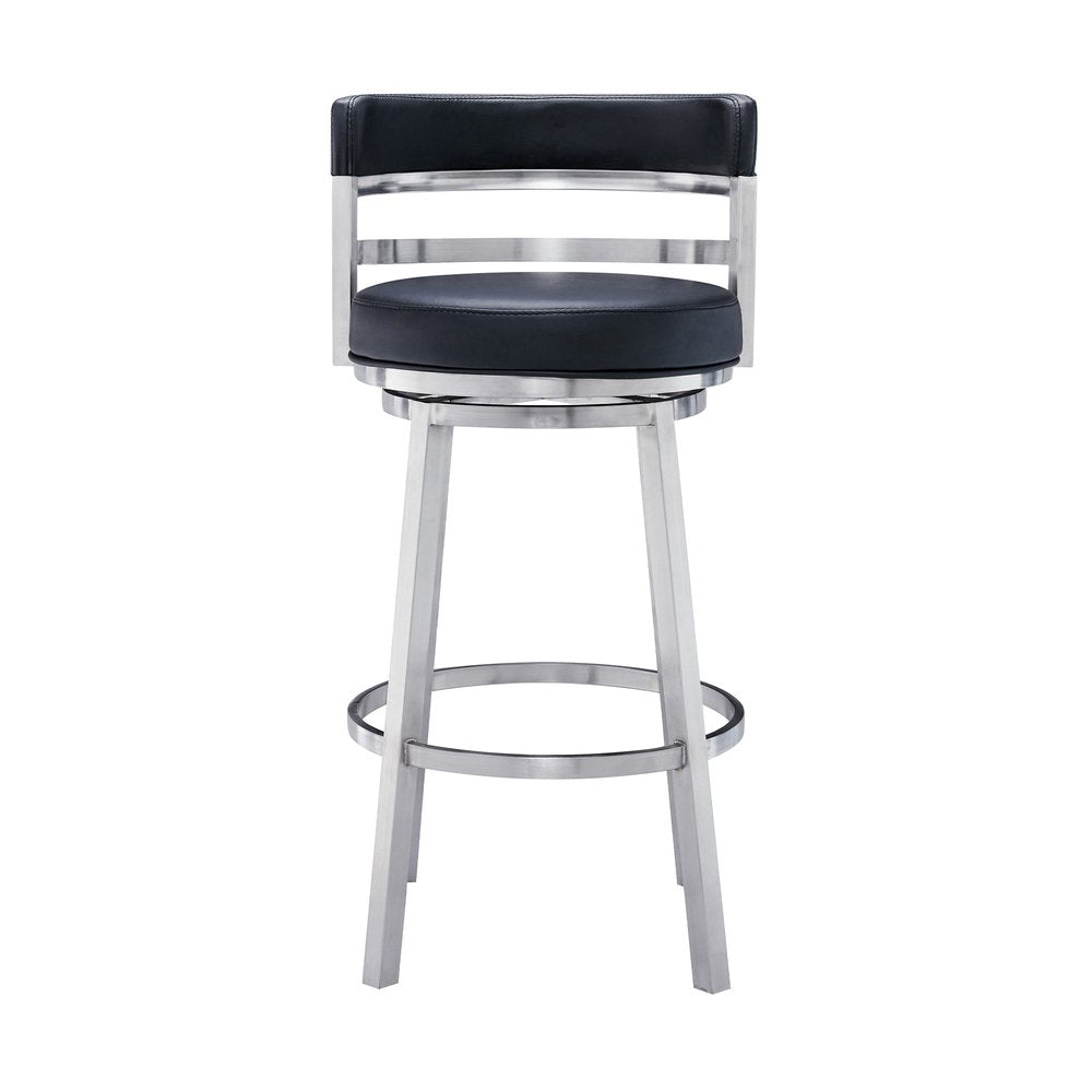 30" Black And Silver Faux Leather And Iron Low Back Bar Height Swivel Bar Chair