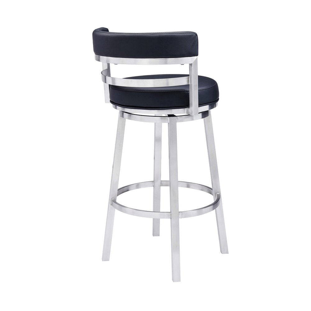 30" Black And Silver Faux Leather And Iron Low Back Bar Height Swivel Bar Chair