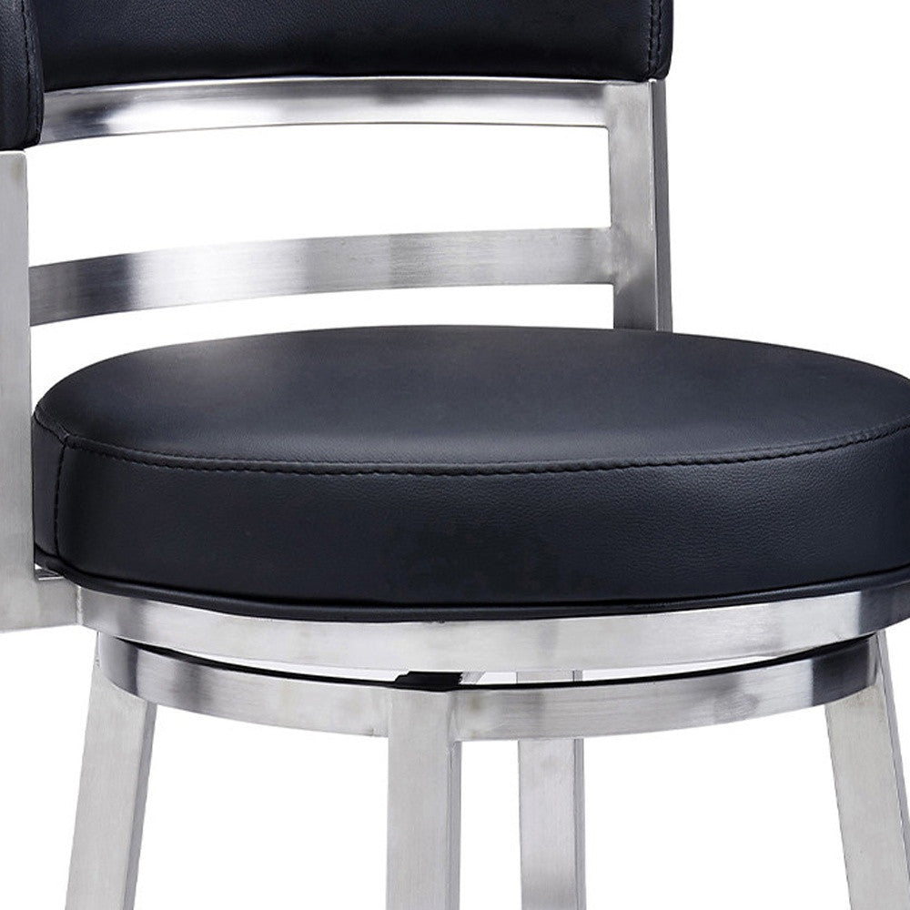 26" Black And Silver Faux Leather And Iron Low Back Counter Height Swivel Bar Chair