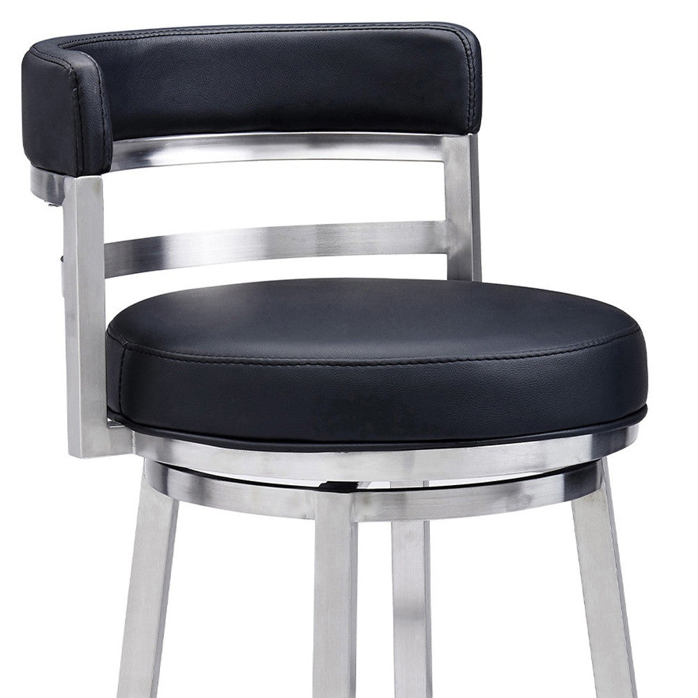 26" Black And Silver Faux Leather And Iron Low Back Counter Height Swivel Bar Chair