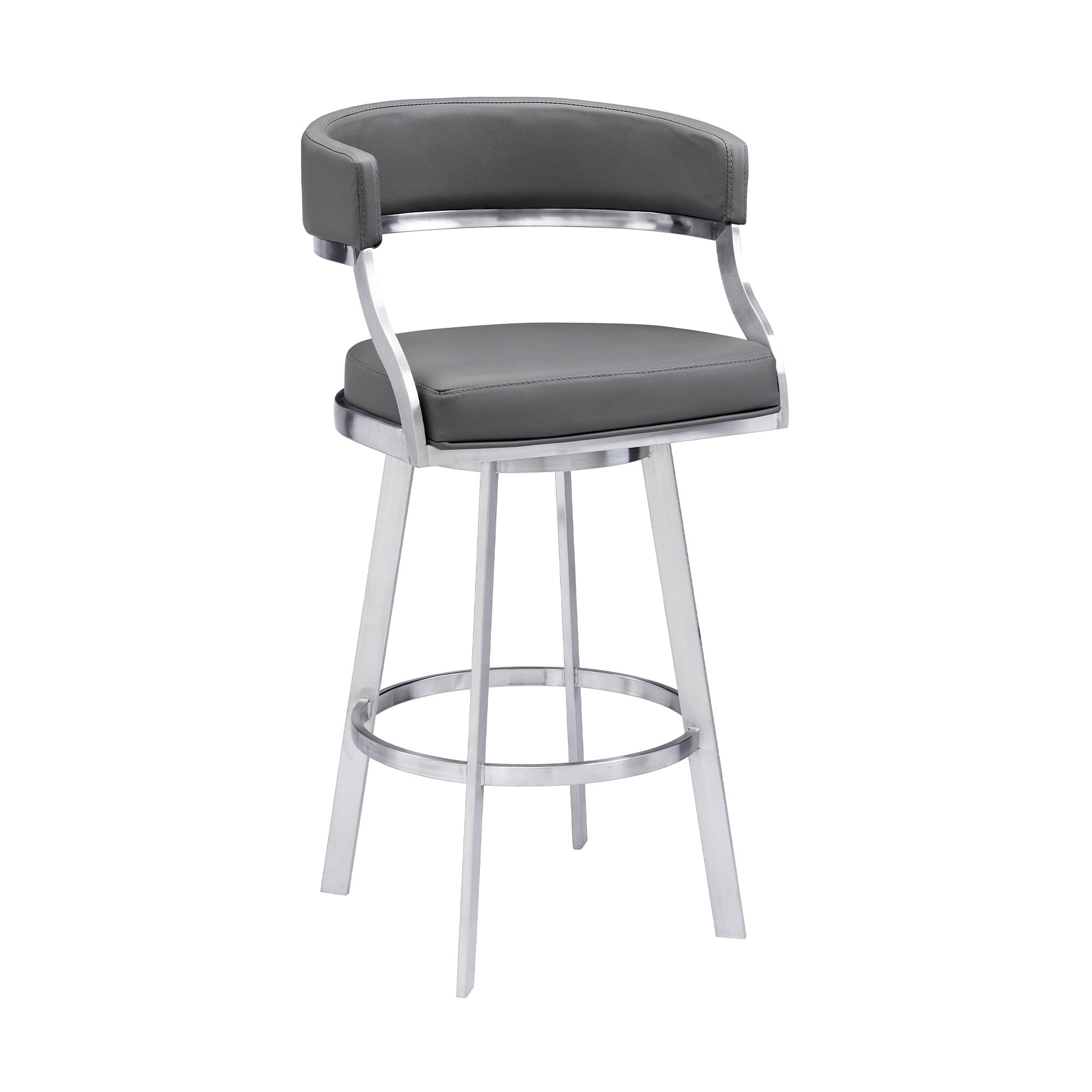 26" Gray And Silver Faux Leather And Faux Leather And Iron Low Back Counter Height Swivel Bar Chair
