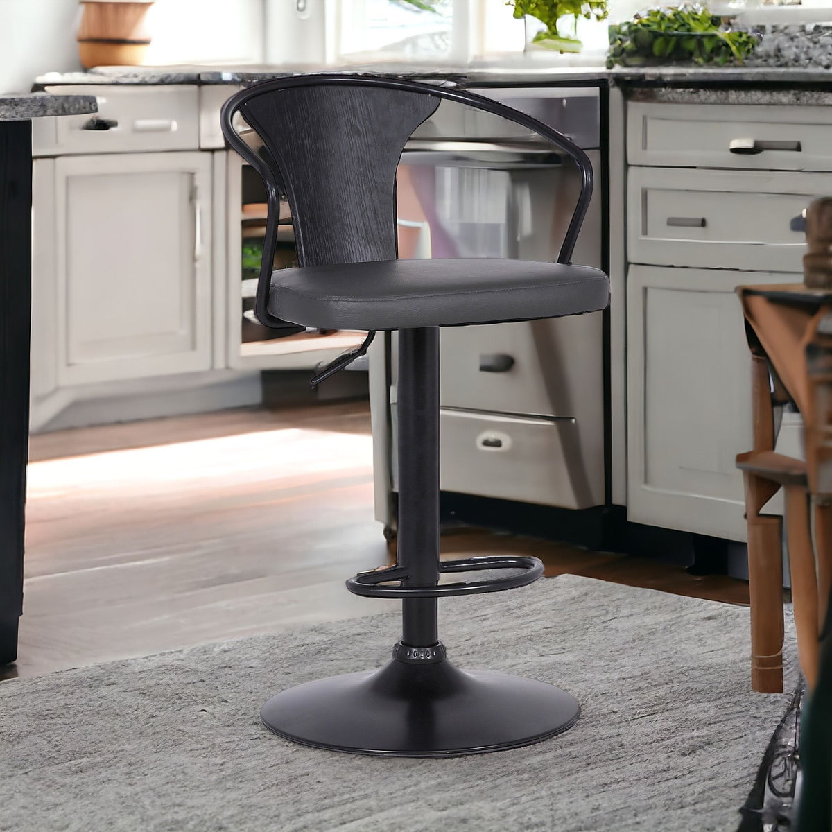 Gray And Black Fabric And Iron Low Back Adjustable Height Swivel Bar Chair