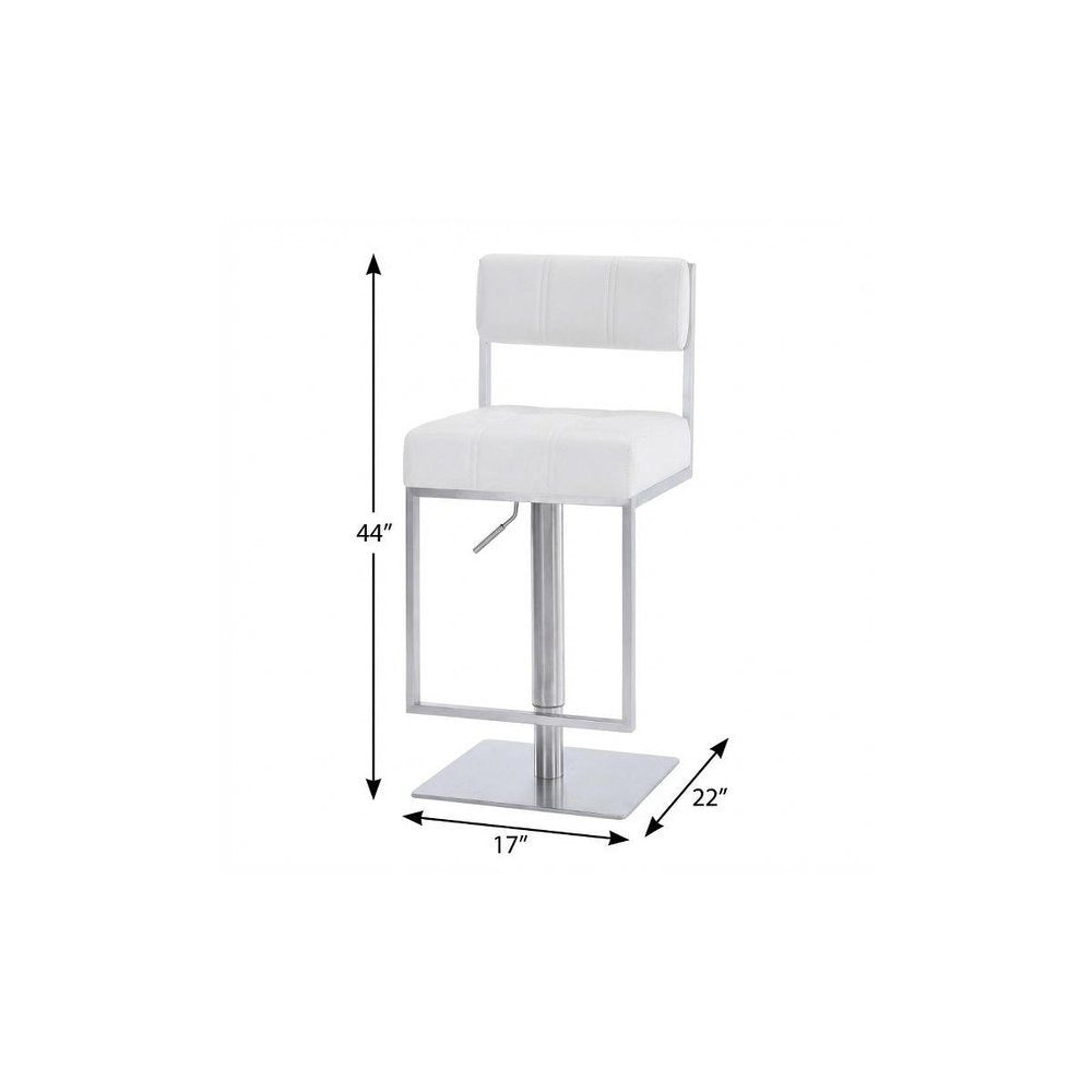 25" White And Silver Faux Leather And Iron Swivel Low Back Adjustable Height Bar Chair