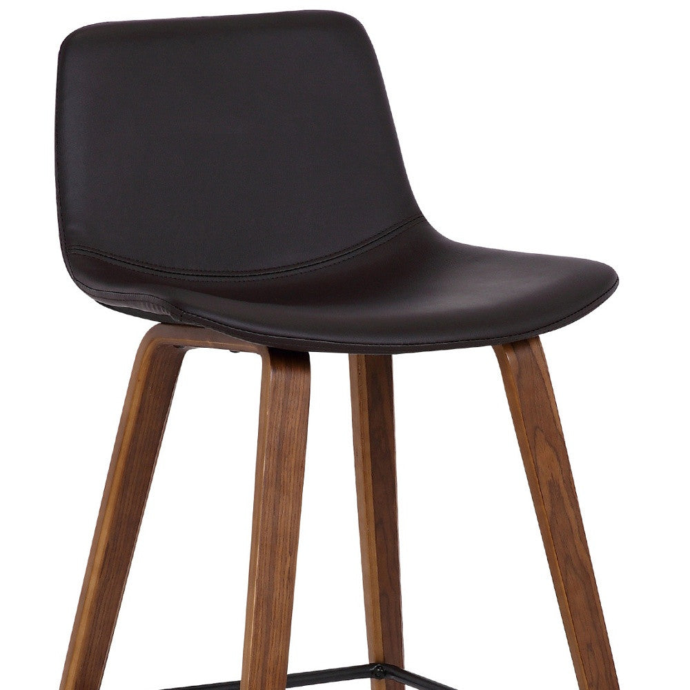26" Brown Faux Leather And Fabric And Solid Wood Low Back Counter Height Bar Chair