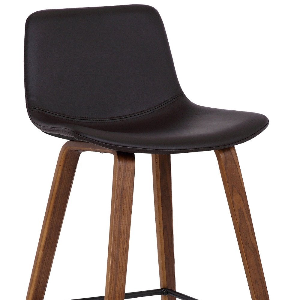 26" Brown Faux Leather And Fabric And Solid Wood Low Back Counter Height Bar Chair