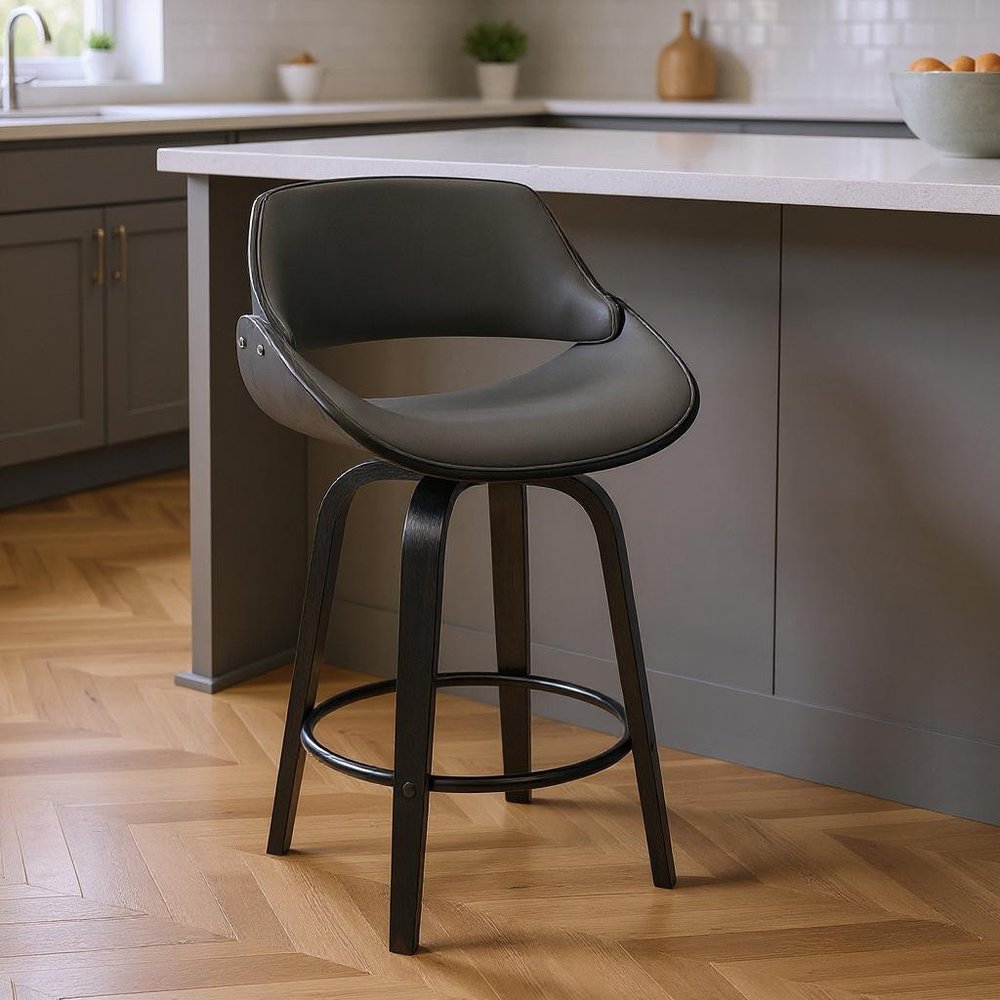 26" Gray And Black Faux Leather And Iron Swivel Low Back Counter Height Bar Chair