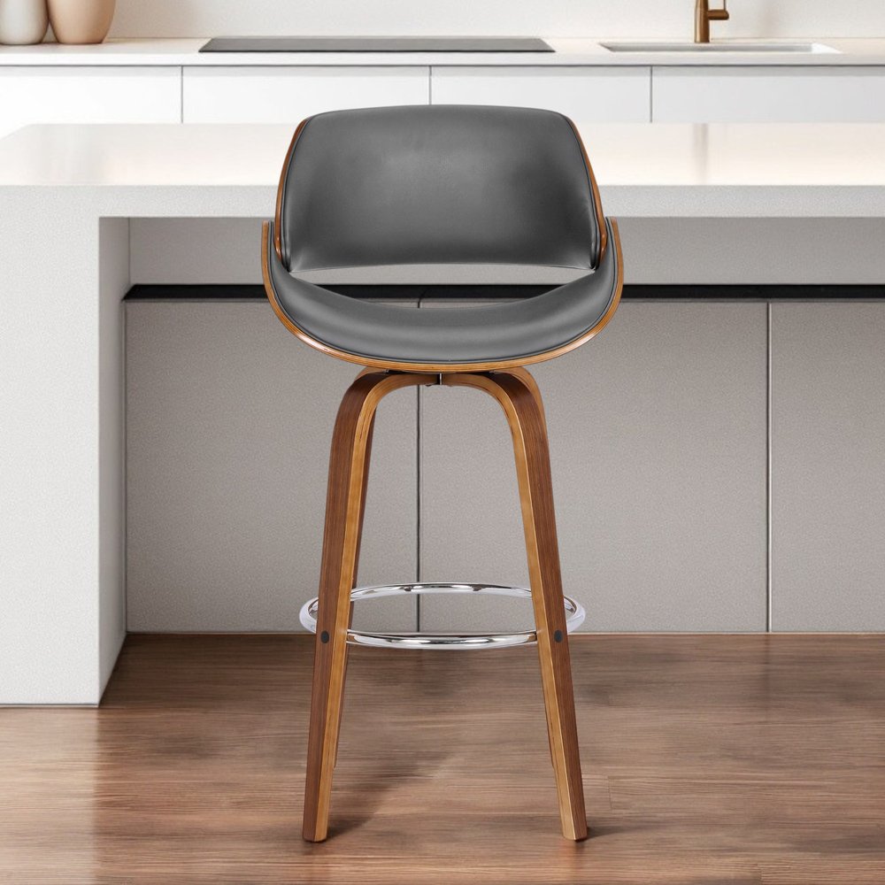 26" Gray And Brown Faux Leather And Iron Swivel Low Back Counter Height Bar Chair