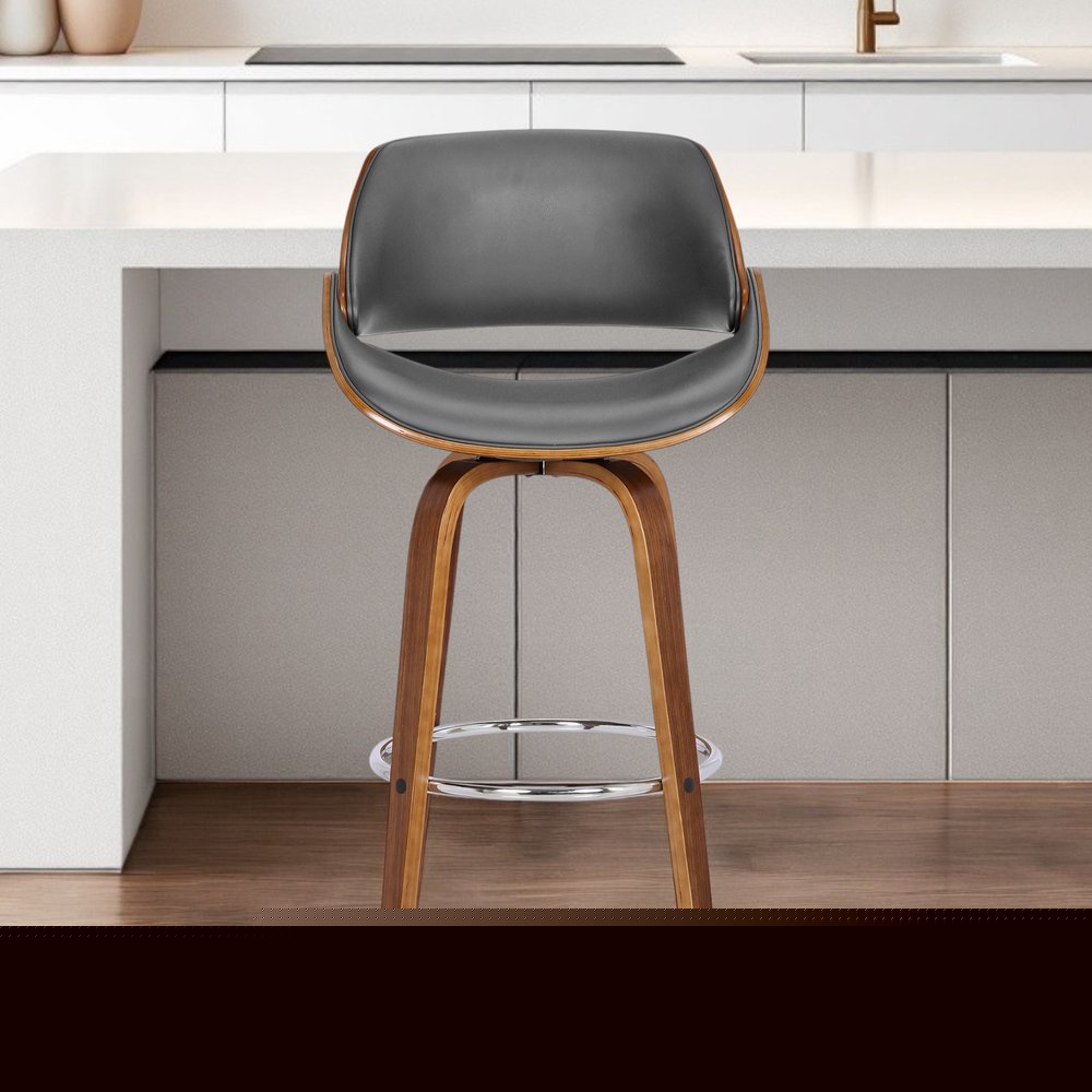 26" Gray And Brown Faux Leather And Iron Swivel Low Back Counter Height Bar Chair