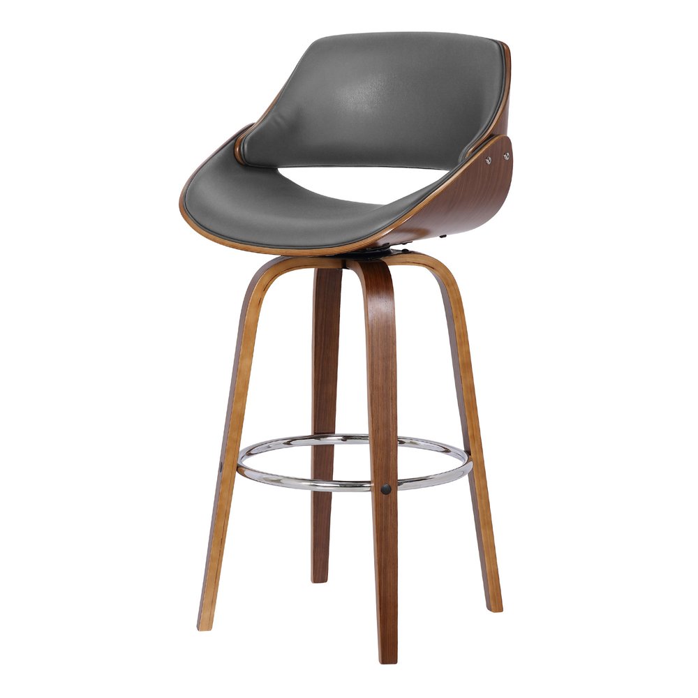 26" Gray And Brown Faux Leather And Fabric And Iron Low Back Counter Height Swivel Bar Chair