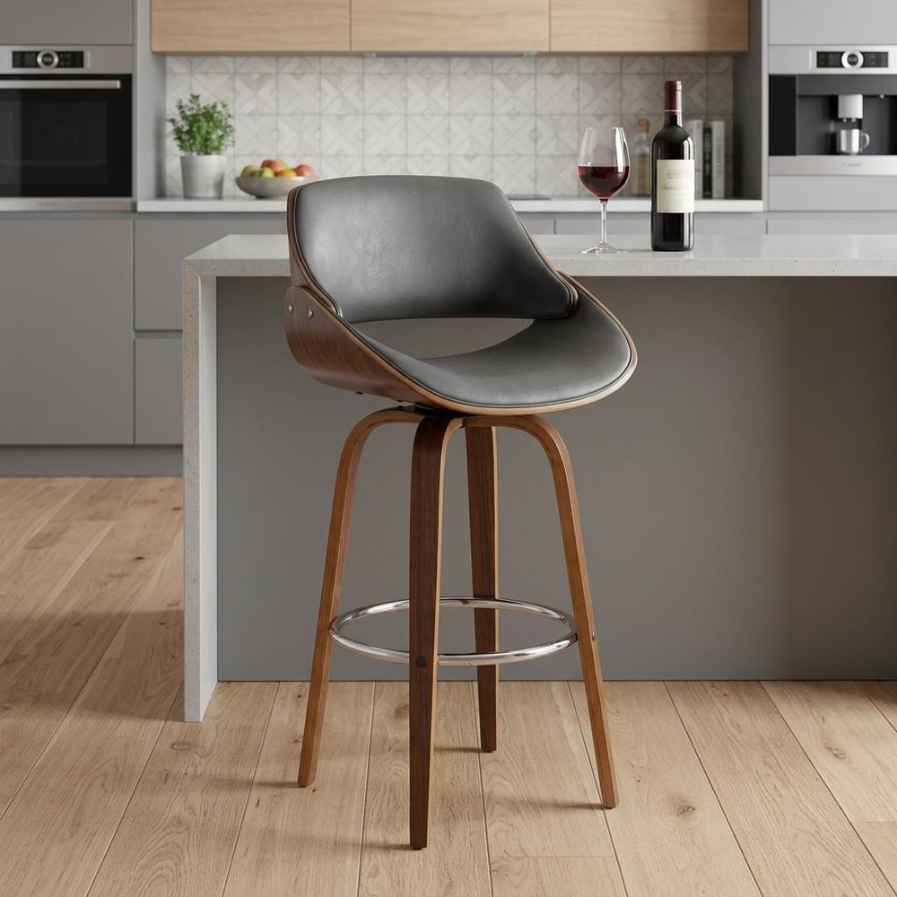 26" Gray And Brown Faux Leather And Fabric And Iron Low Back Counter Height Swivel Bar Chair