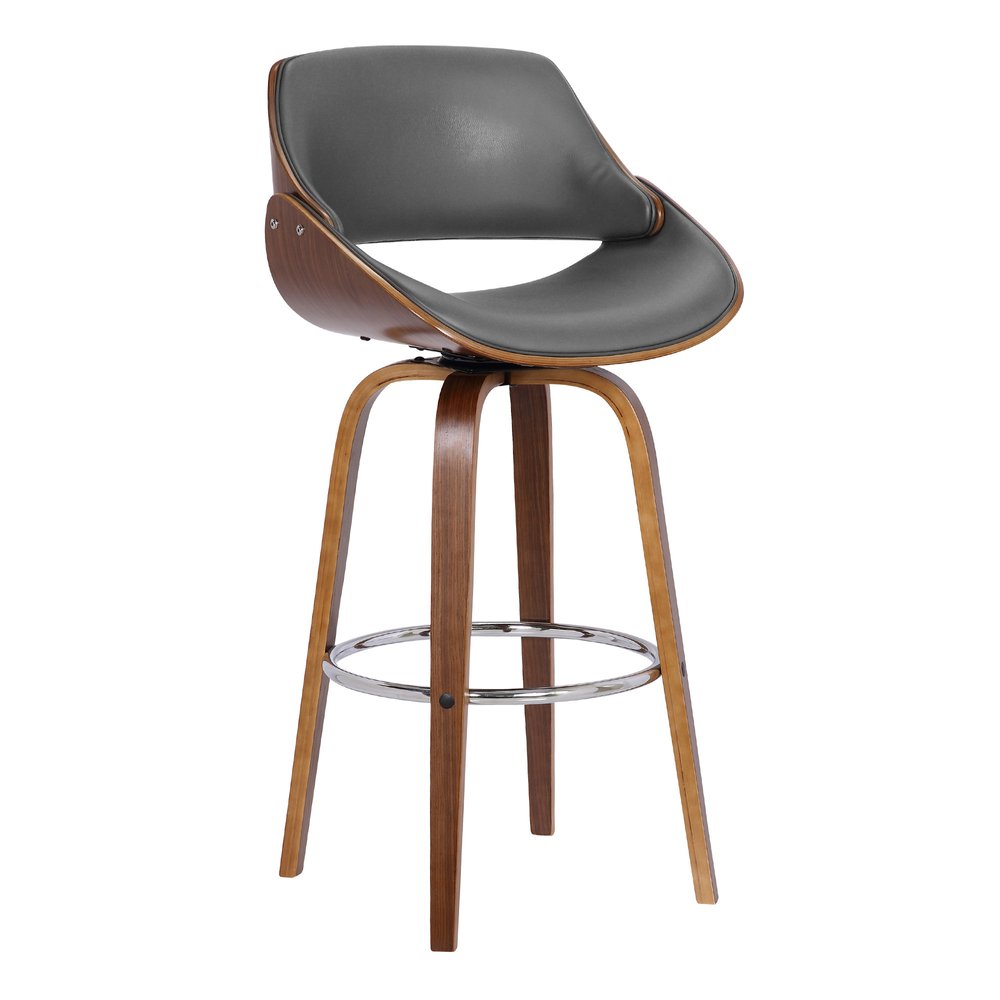 26" Gray And Brown Faux Leather And Fabric And Iron Low Back Counter Height Swivel Bar Chair