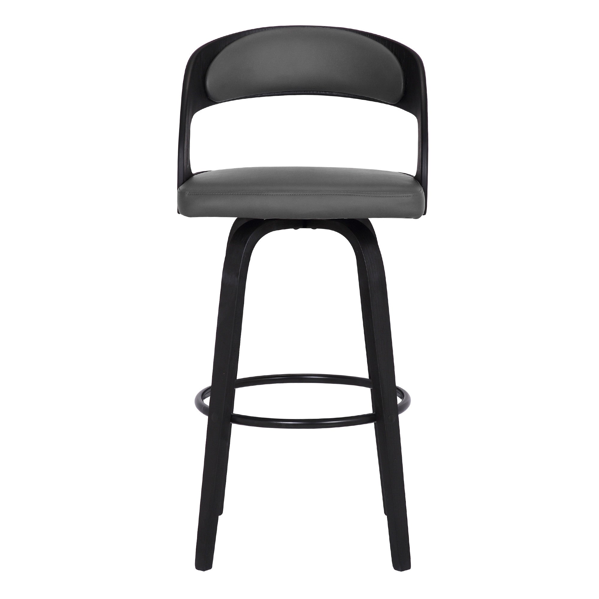 26" Gray And Black Faux Leather And Fabric And Iron Low Back Counter Height Swivel Bar Chair
