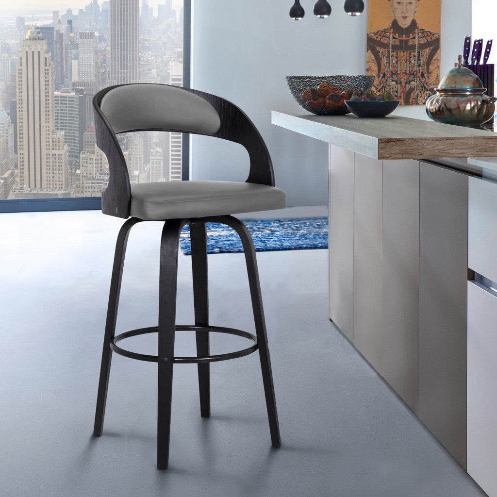 30" Gray And Black Fabric And Iron Low Back Bar Height Swivel Bar Chair