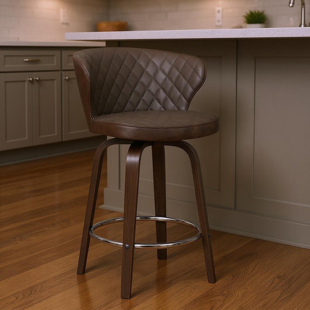 26" Brown Faux Leather And Iron Swivel Low Back Counter Height Bar Chair