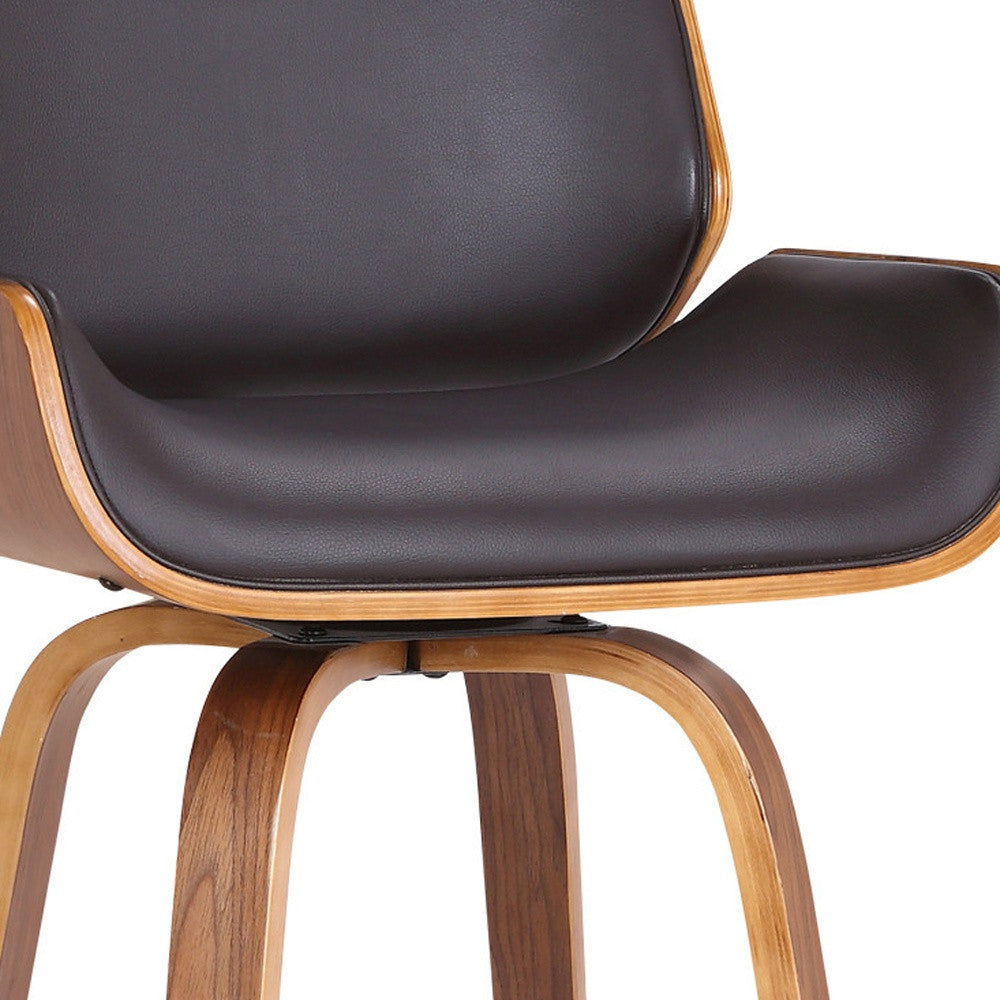 30" Brown Fabric And Solid Wood Low Back Bar Height Swivel Bar Chair