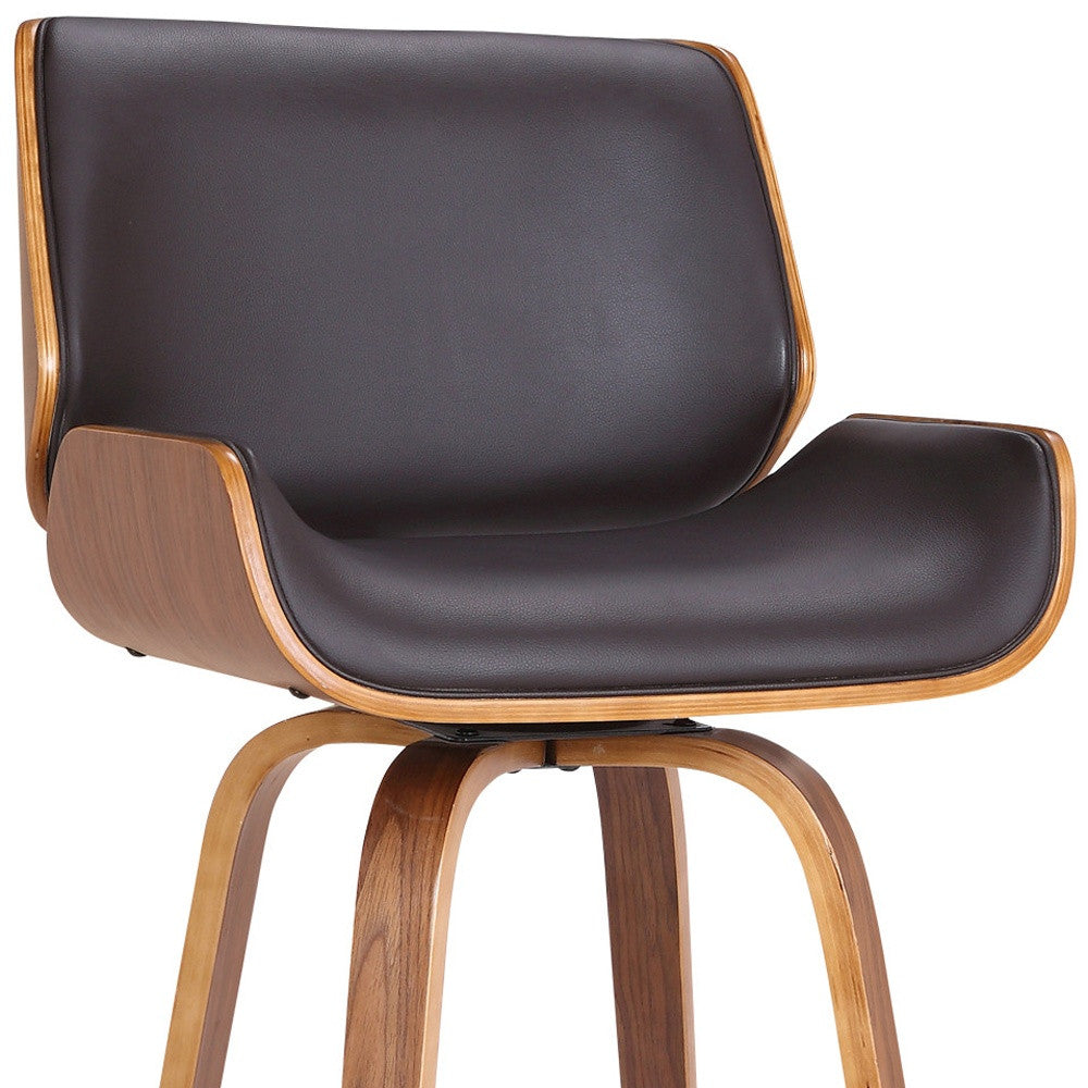 30" Brown Fabric And Solid Wood Low Back Bar Height Swivel Bar Chair
