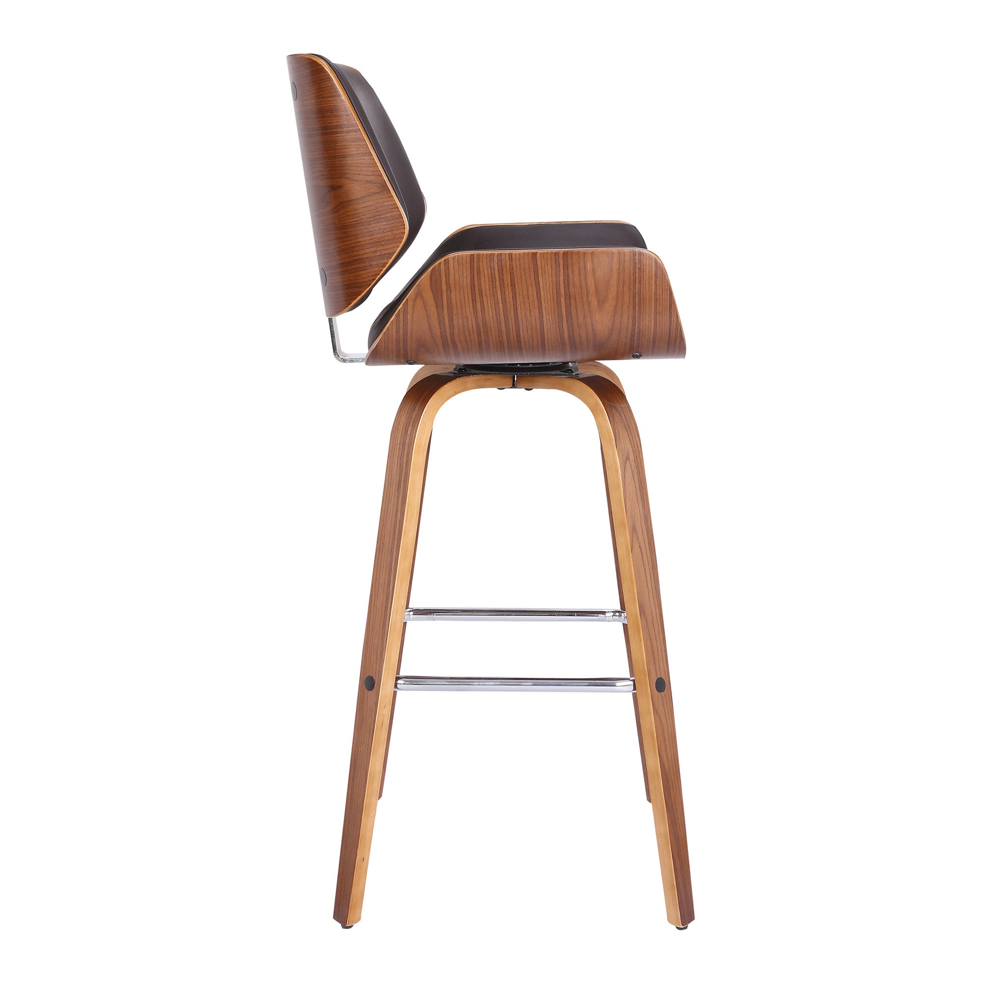 30" Brown Fabric And Solid Wood Low Back Bar Height Swivel Bar Chair
