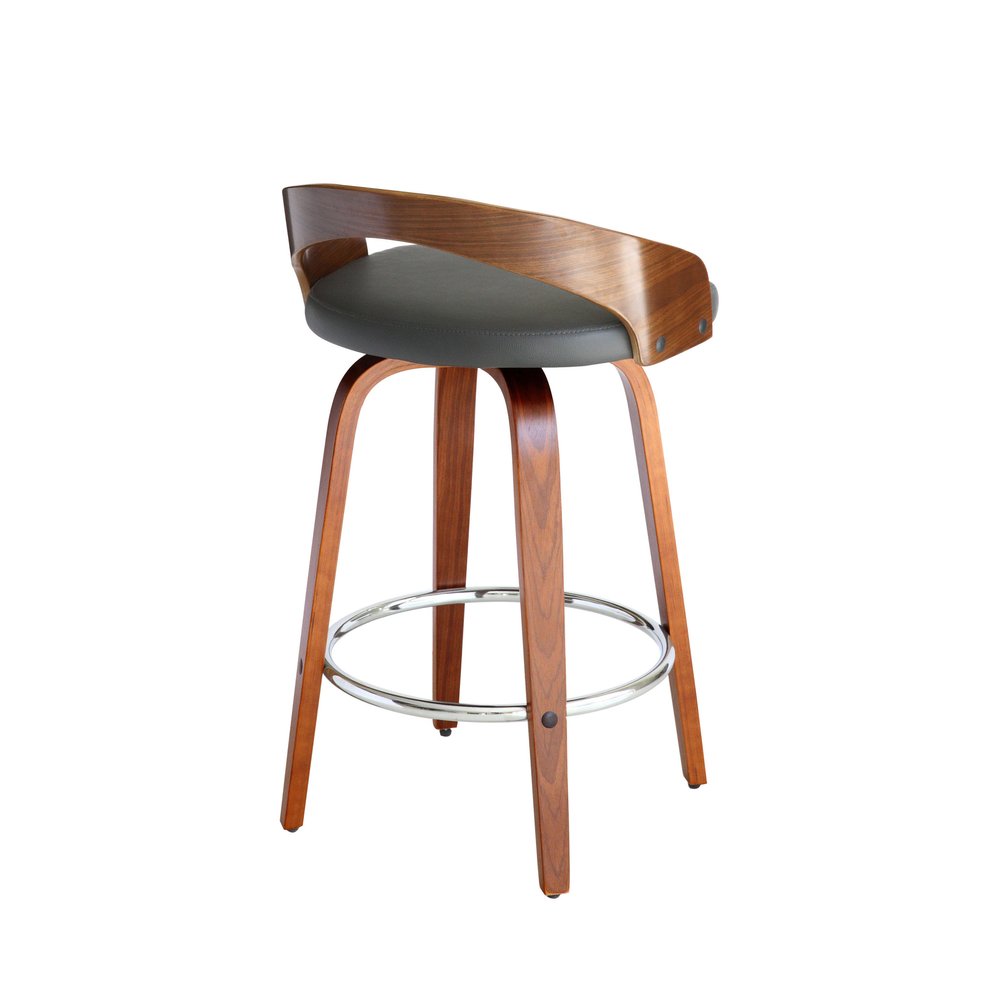 26" Gray And Brown Faux Leather And Fabric And Iron Low Back Counter Height Swivel Bar Chair