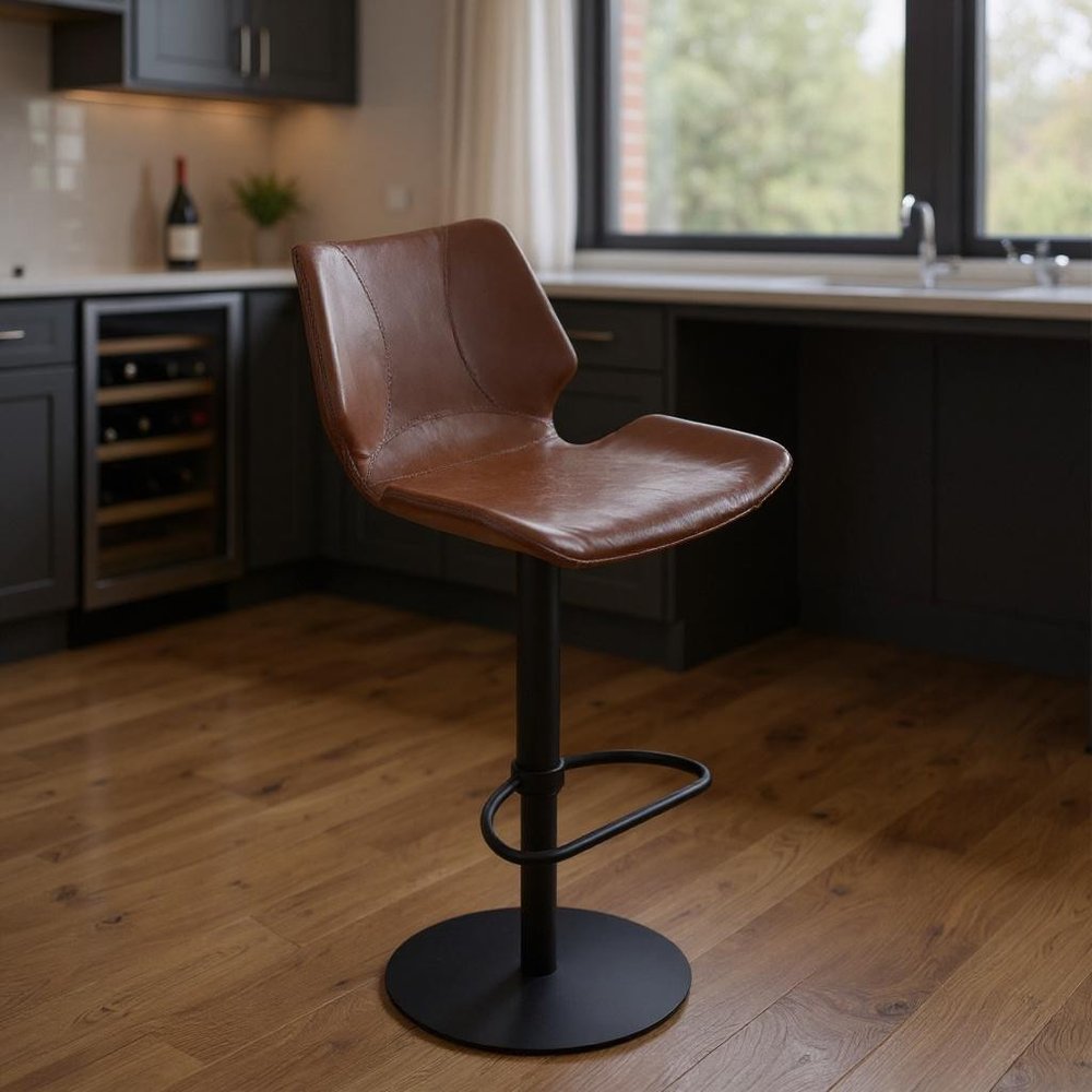 21" Coffee And Black Faux Leather And Fabric And Iron Low Back Adjustable Height Swivel Bar Chair
