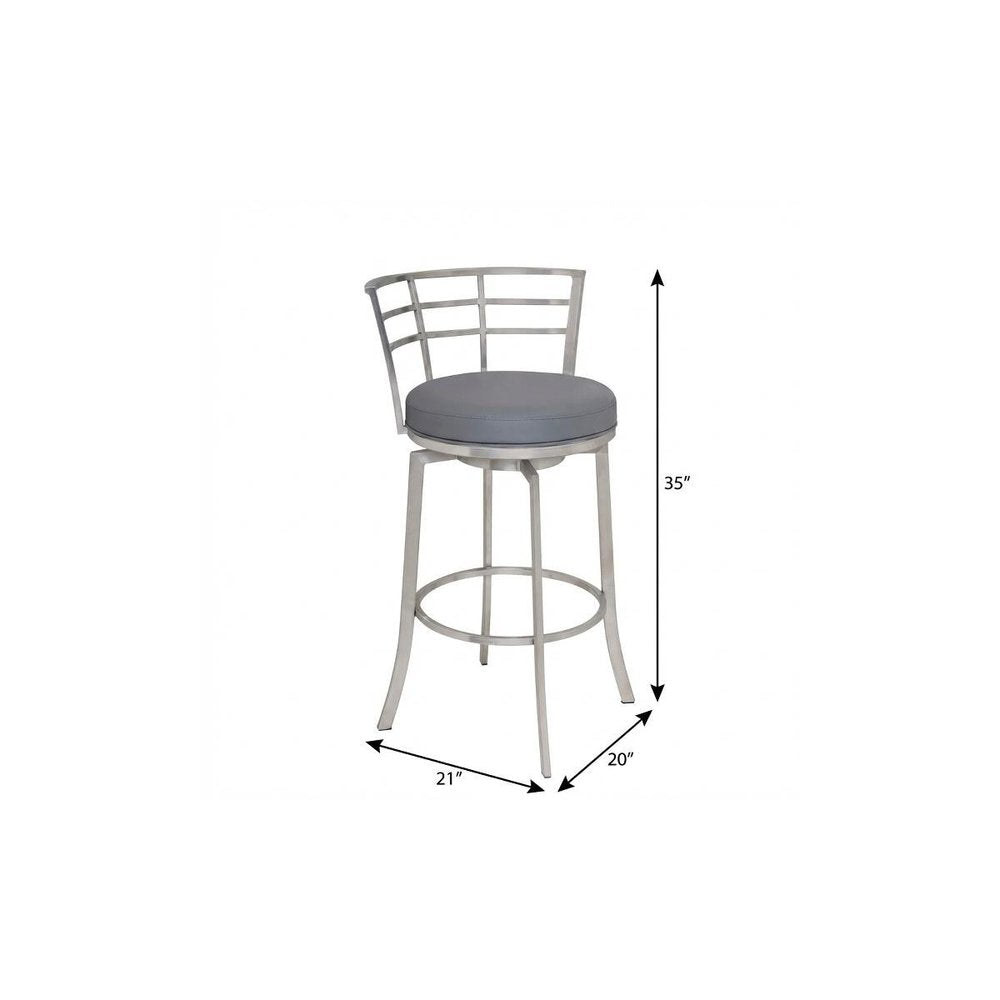 26" Gray And Silver Faux Leather And Iron Swivel Low Back Counter Height Bar Chair
