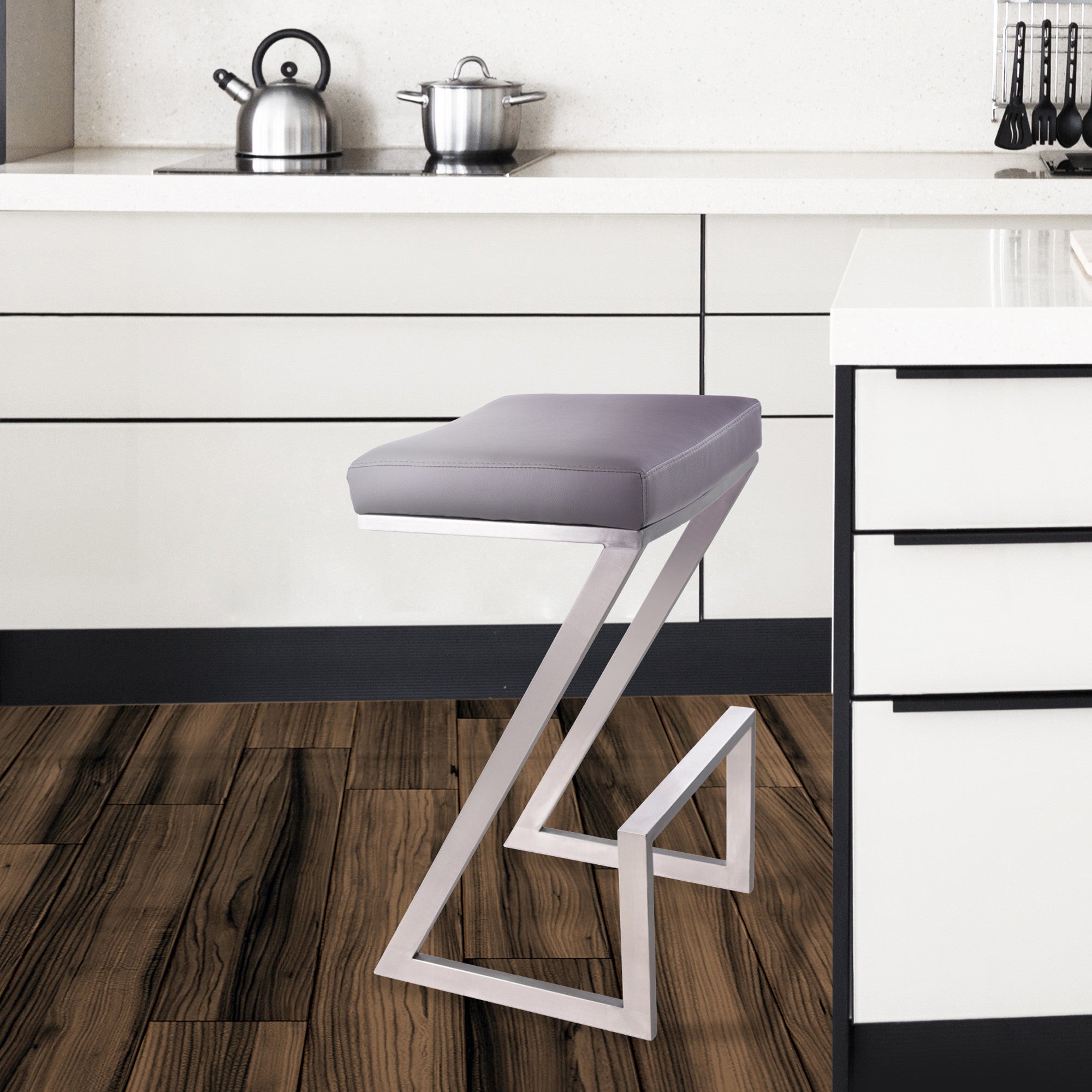 26" Gray And Silver Fabric And Iron Backless Counter Height Bar Chair