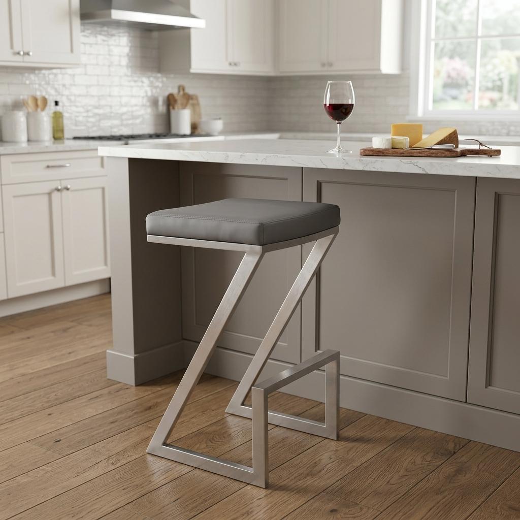 26" Gray And Silver Fabric And Iron Backless Counter Height Bar Chair