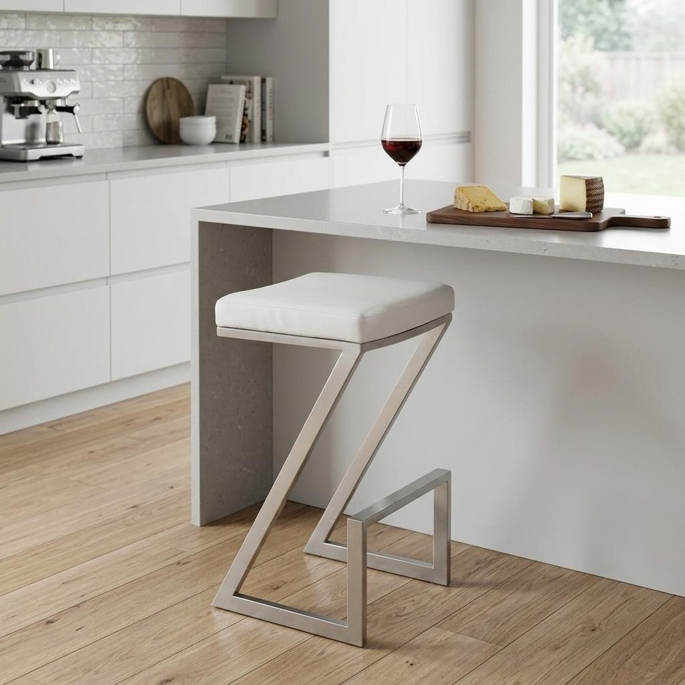 26" White And Silver Fabric And Iron Backless Counter Height Bar Chair