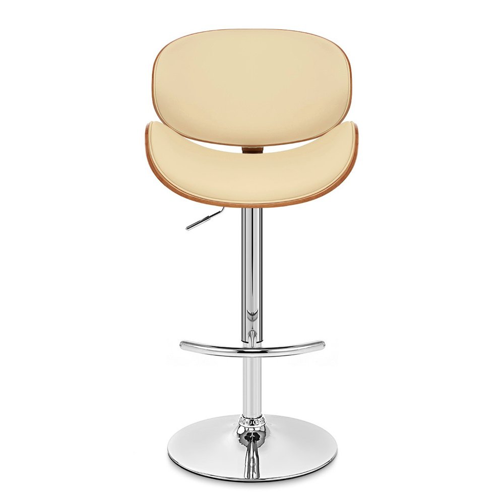 Cream and Silver Faux Leather and Solid Wood Low Back Adjustable Height Swivel Bar Chair
