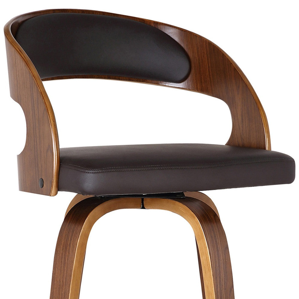 26" Brown Fabric And Solid Wood Low Back Counter Height Swivel Bar Chair