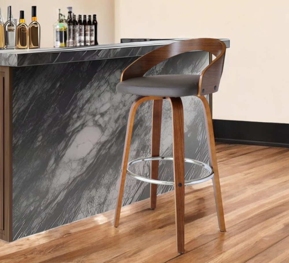 30" Gray and Brown Faux Leather and Iron Low Back Bar Height Swivel Bar Chair