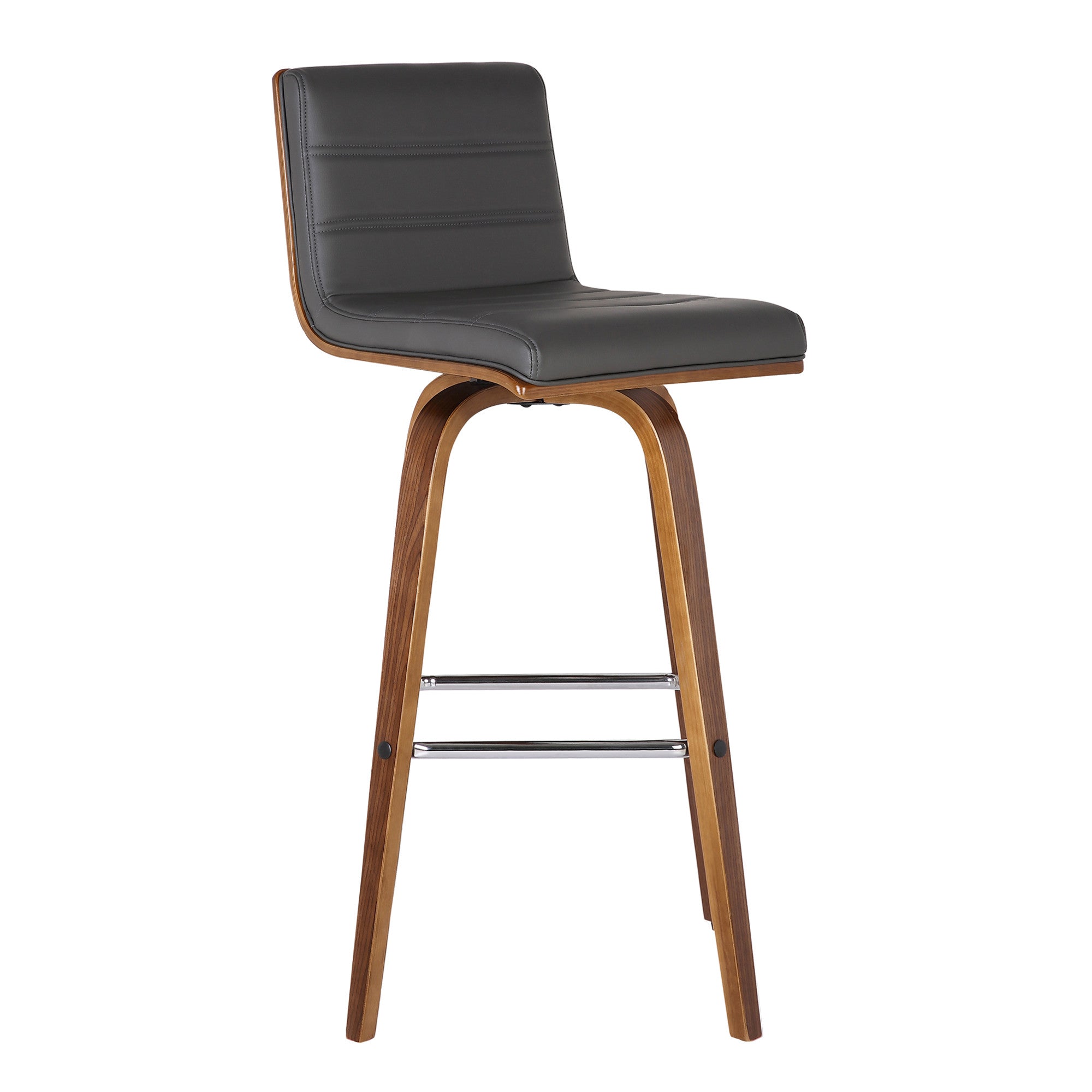 30" Gray And Brown Faux Leather And Solid Wood Low Back Bar Height Swivel Bar Chair