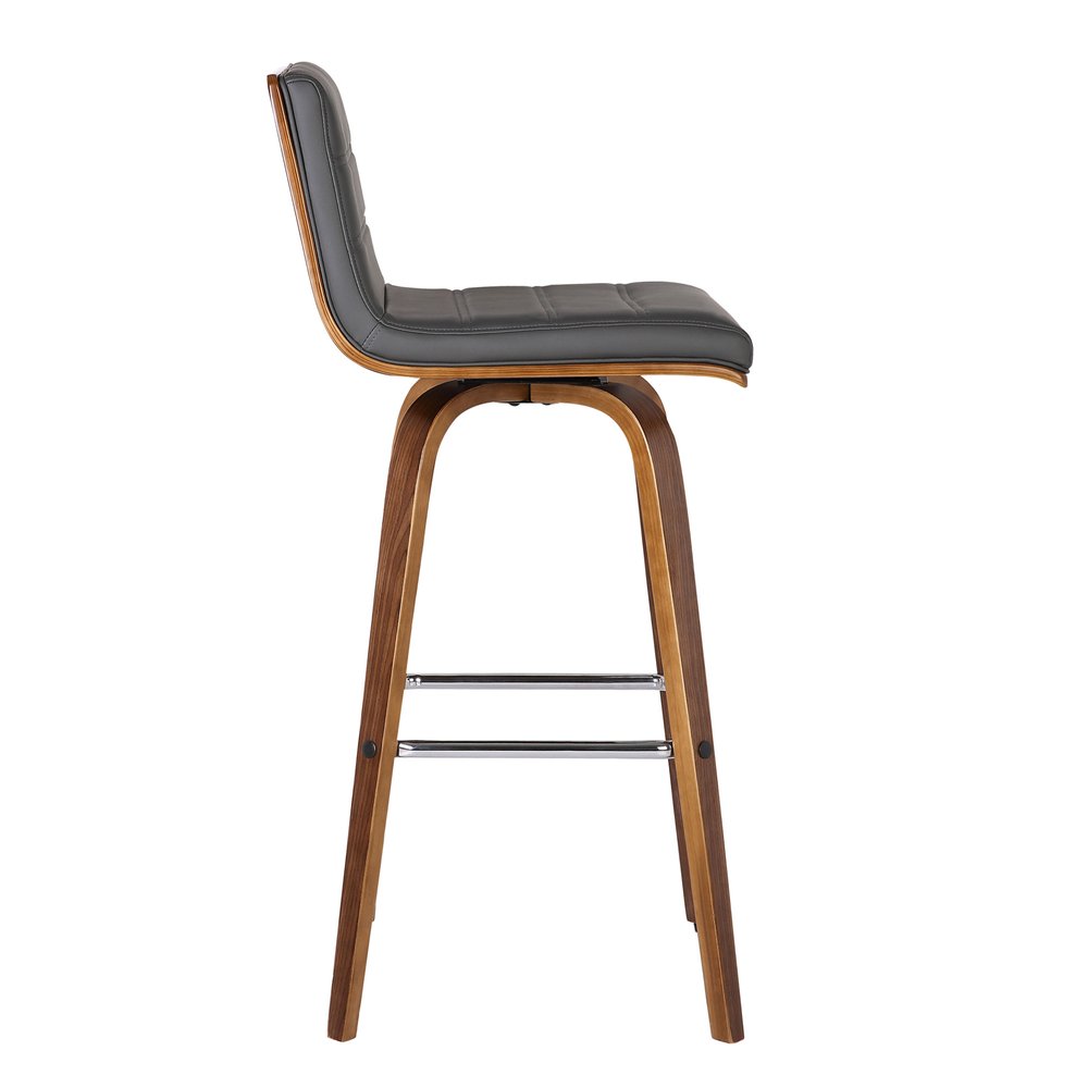 30" Gray And Brown Faux Leather And Solid Wood Low Back Bar Height Swivel Bar Chair