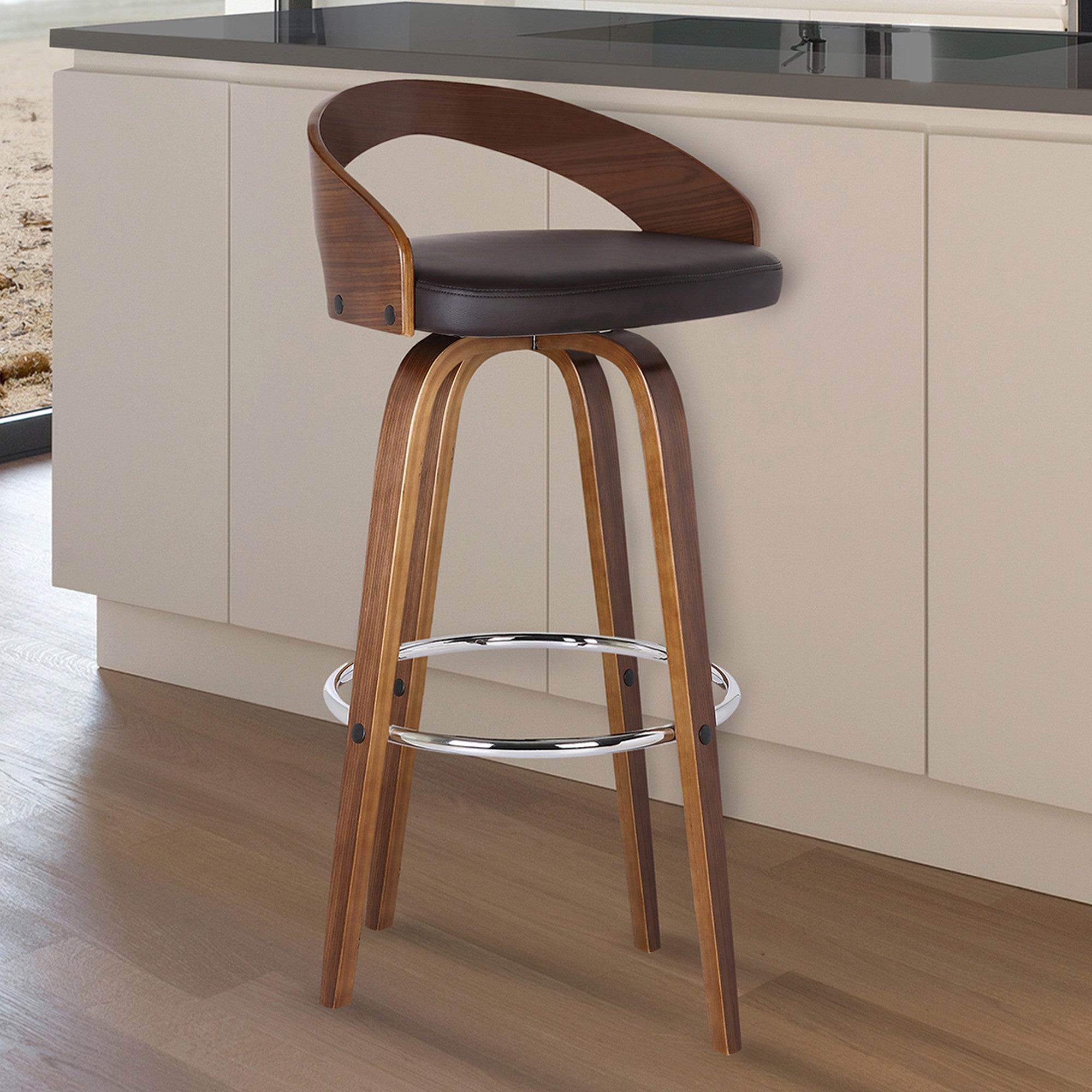 26" Brown Faux Leather And Fabric And Solid Wood Low Back Counter Height Swivel Bar Chair