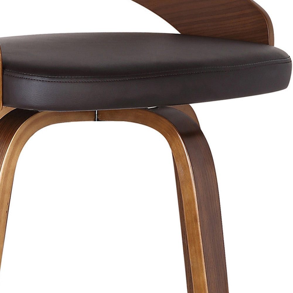 26" Brown Faux Leather And Fabric And Solid Wood Low Back Counter Height Swivel Bar Chair