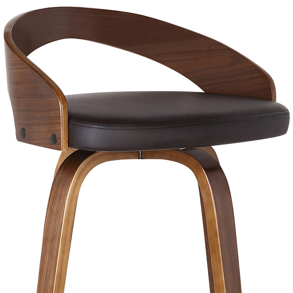 26" Brown Faux Leather And Fabric And Solid Wood Low Back Counter Height Swivel Bar Chair