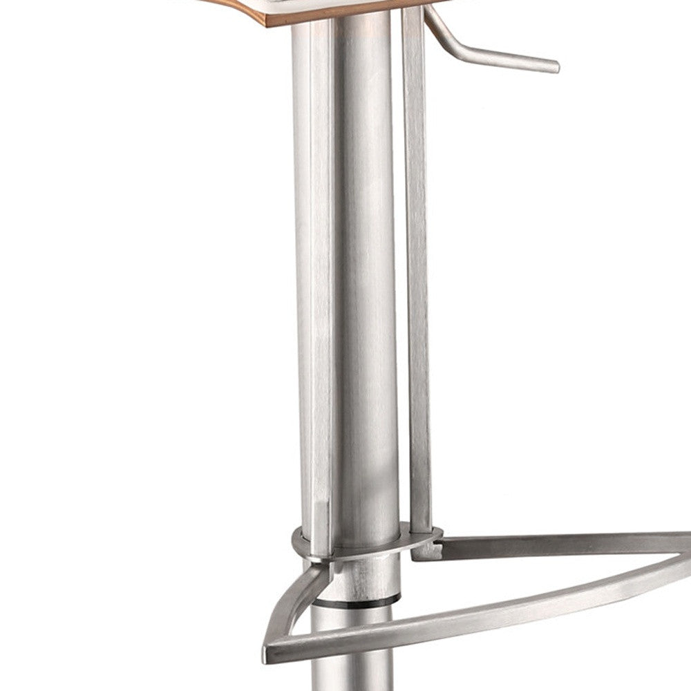 White And Silver Fabric And Faux Leather And Iron Low Back Adjustable Height Swivel Bar Chair