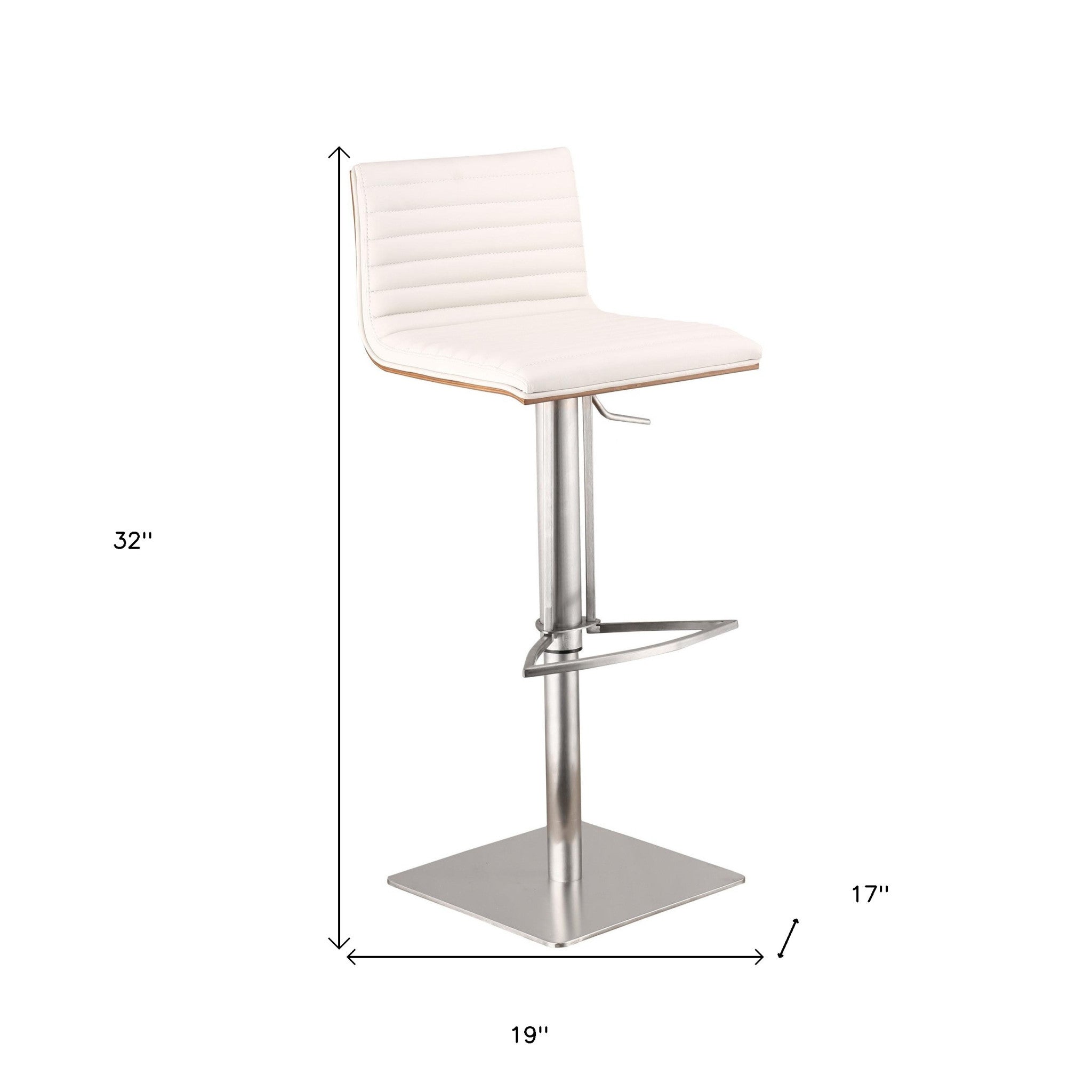 White And Silver Fabric And Faux Leather And Iron Low Back Adjustable Height Swivel Bar Chair