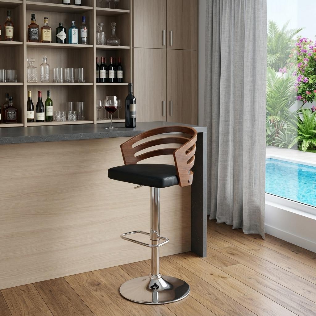 Black And Silver Fabric And Iron Low Back Adjustable Height Swivel Bar Chair