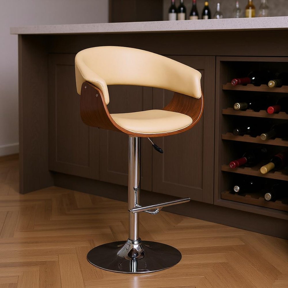 Cream And Silver Faux Leather And Fabric And Solid Wood Low Back Adjustable Height Swivel Bar Chair