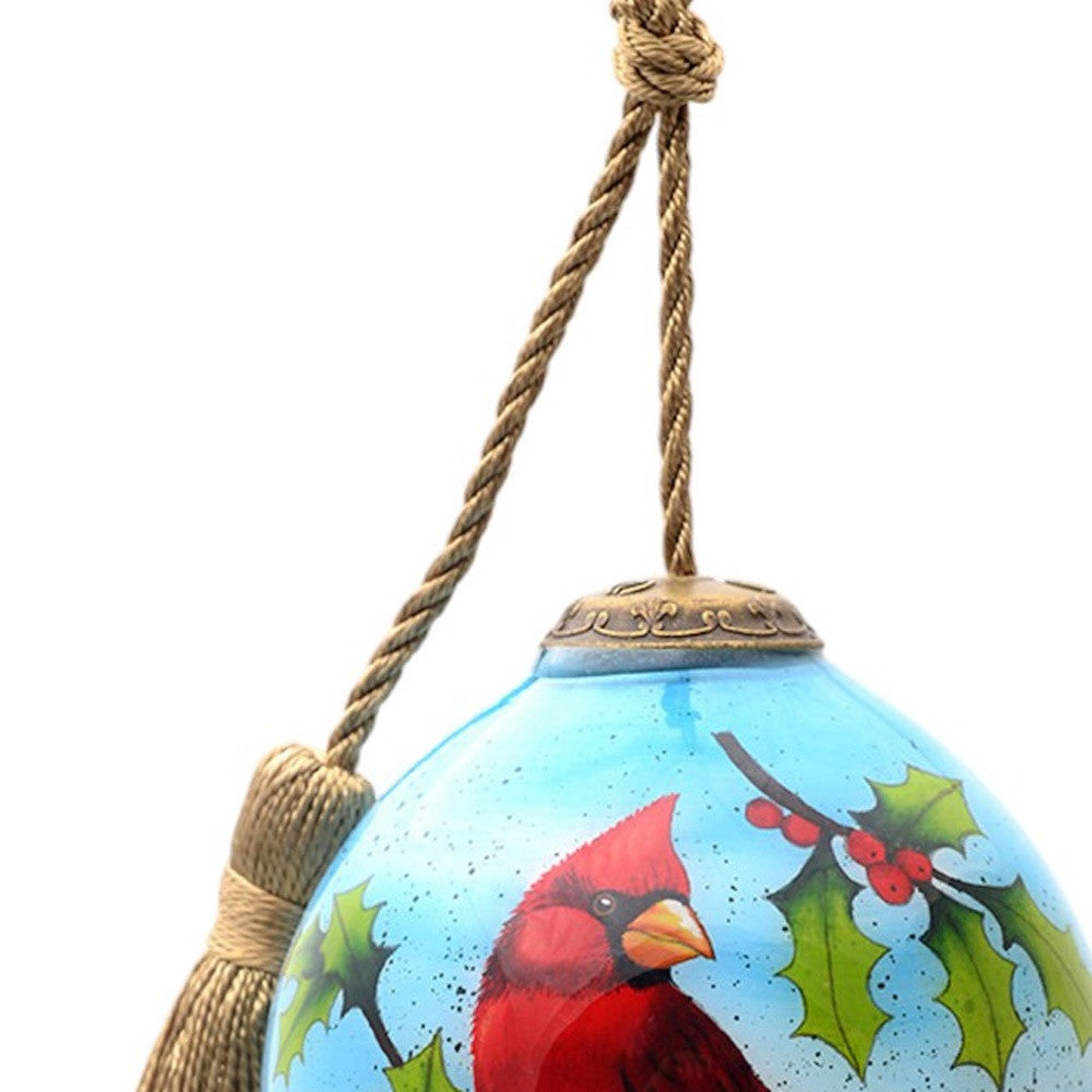 Red Cardinal on Christmas Holly Branches Hand Painted Mouth Blown Glass Ornament